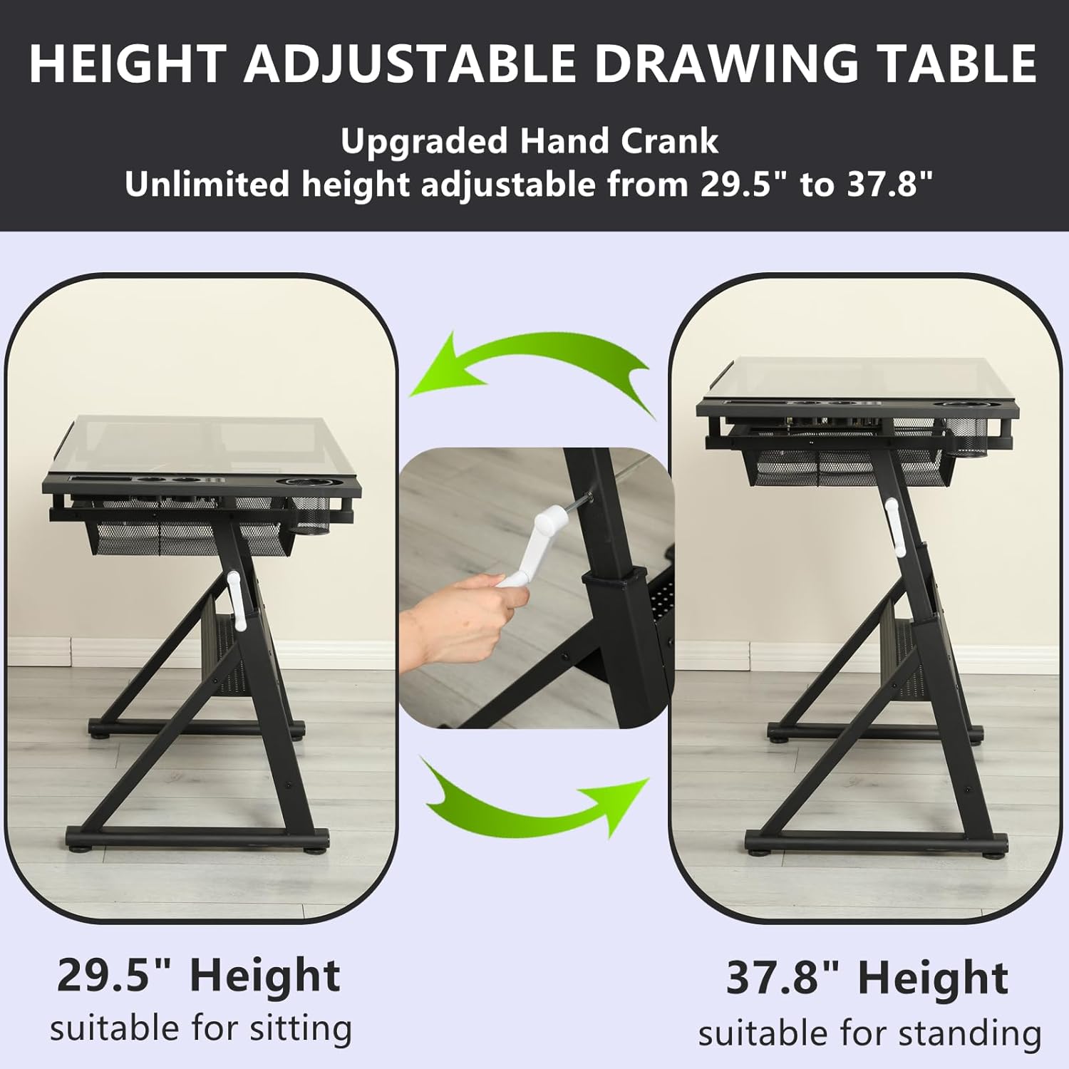 Drafting Table with Stool, Upgraded Height Adjustable Drawing Desk Art Table Drafting Desk with 0-75° Tilting Glass Tabletop and More Storage for Home Office, Type 2-Black