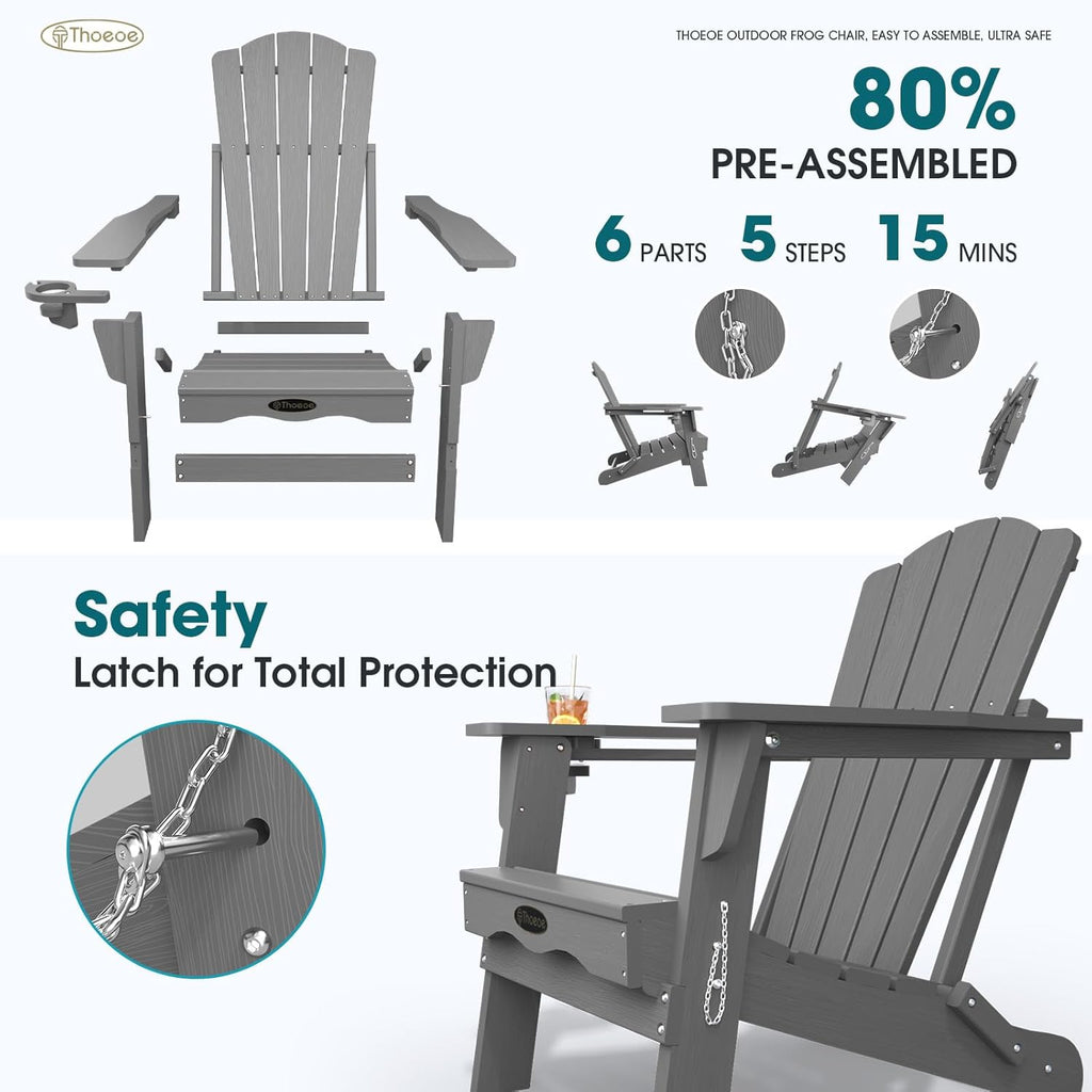 THOEOE Folding Adirondack Chair,HDPE All-Weather Outdoor Chair with Cup Holder,Wooden Textured,Fire Pit Chair,Plastic Patio Chair for Deck,Backyard,Garden,Lawn, Grey