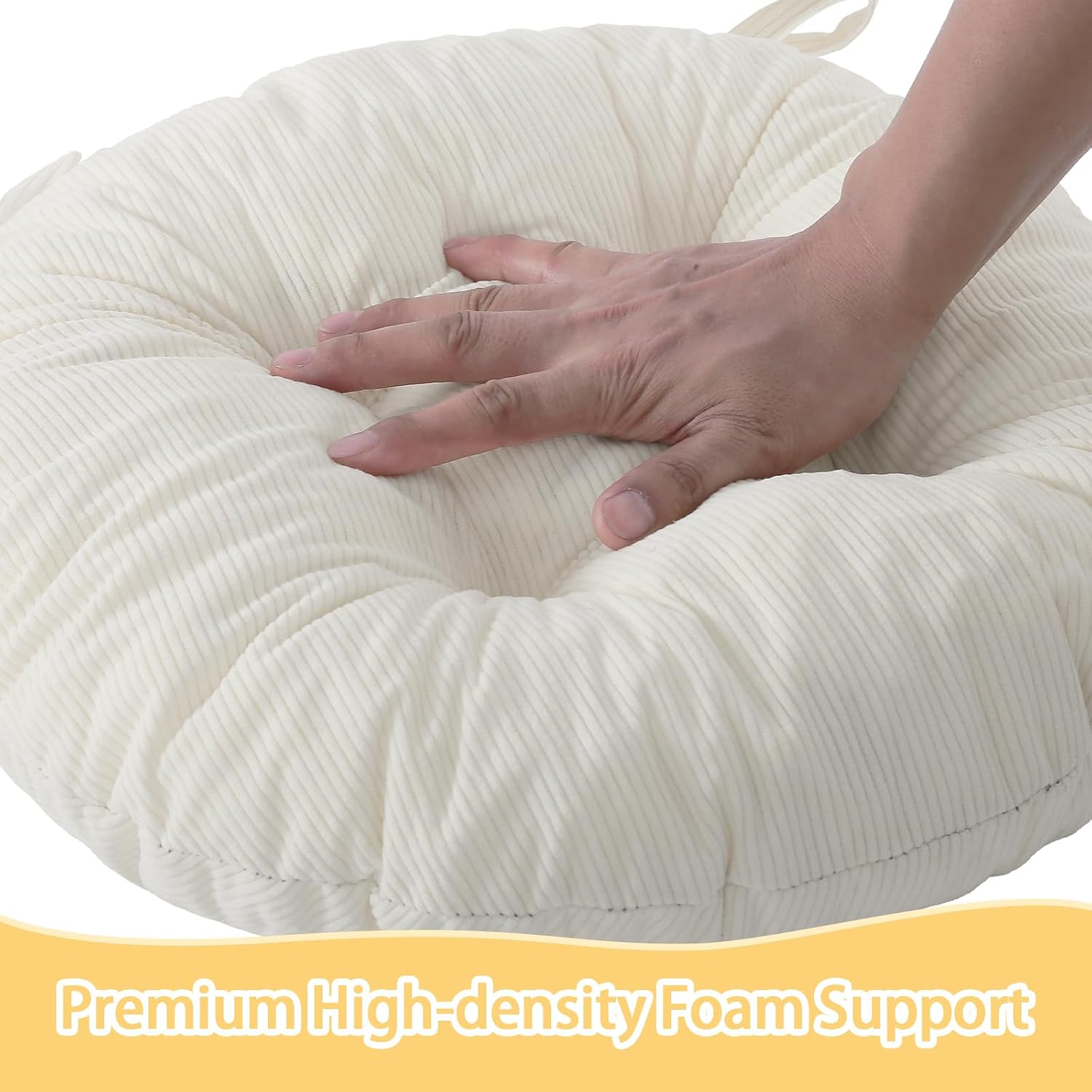 idee-home Round Chair Cushions Set of 2, Round Stool Seat Cushion 16 inch, Circle Chair Pads Corduroy with Ties Indoor Barstool Pads for Kitchen, Beige