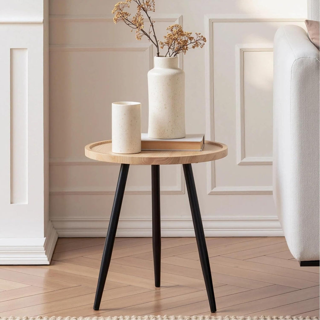 VECELO Modern Side Table, Round Small End Table, Exclusively Designed Hand-Crafted Small Nightstand, Solid Wood,Natural top with Black Metal Legsfor Bedrooms, Living Rooms and Home Office