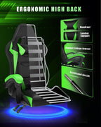 Racingreat Gaming Chair with RGB LED Lights, Ergonomic Computer Chair with Headrest and Lumbar Support, PU Leather High Back Height Adjustable Swivel Video Game Chairs for Adults(Green)