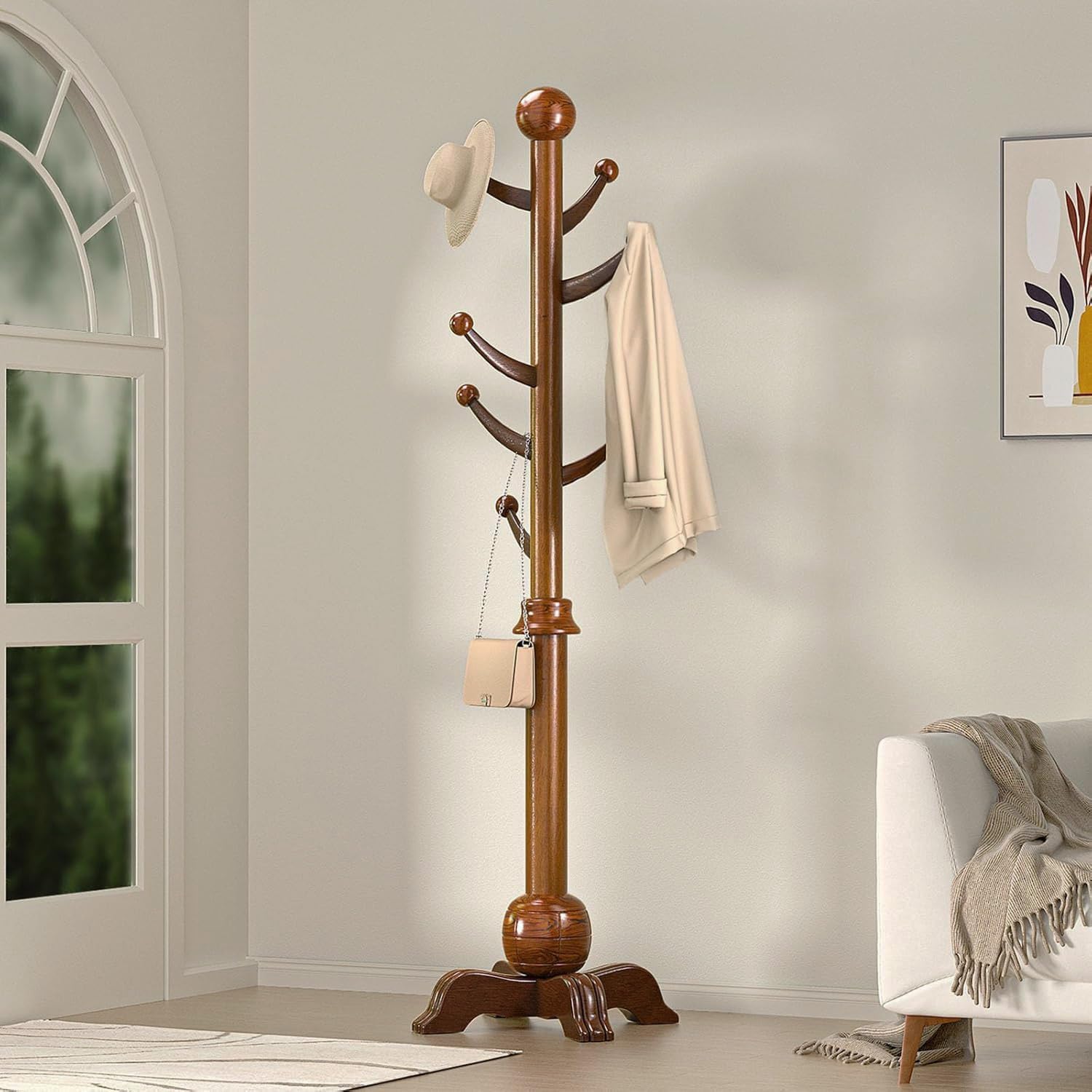Wooden Coat Rack, 7 Hooks Freestanding Wood Coat Tree Rack with Stable Base | Space-Saving Hall Tree, Heavy Duty Coat Hanger Stand, 210 lbs, Solid Wood Coat Tree for Entryway Hallway Bedroom Office