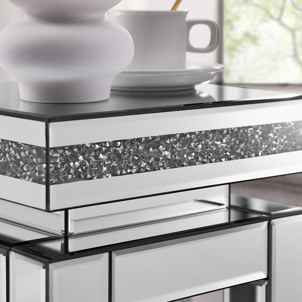 Mirrored End Table with Crystal Inlay, 2-Tier Square Pedestal Table, 11.8 x 11.8 x 26.8 inches, Silver