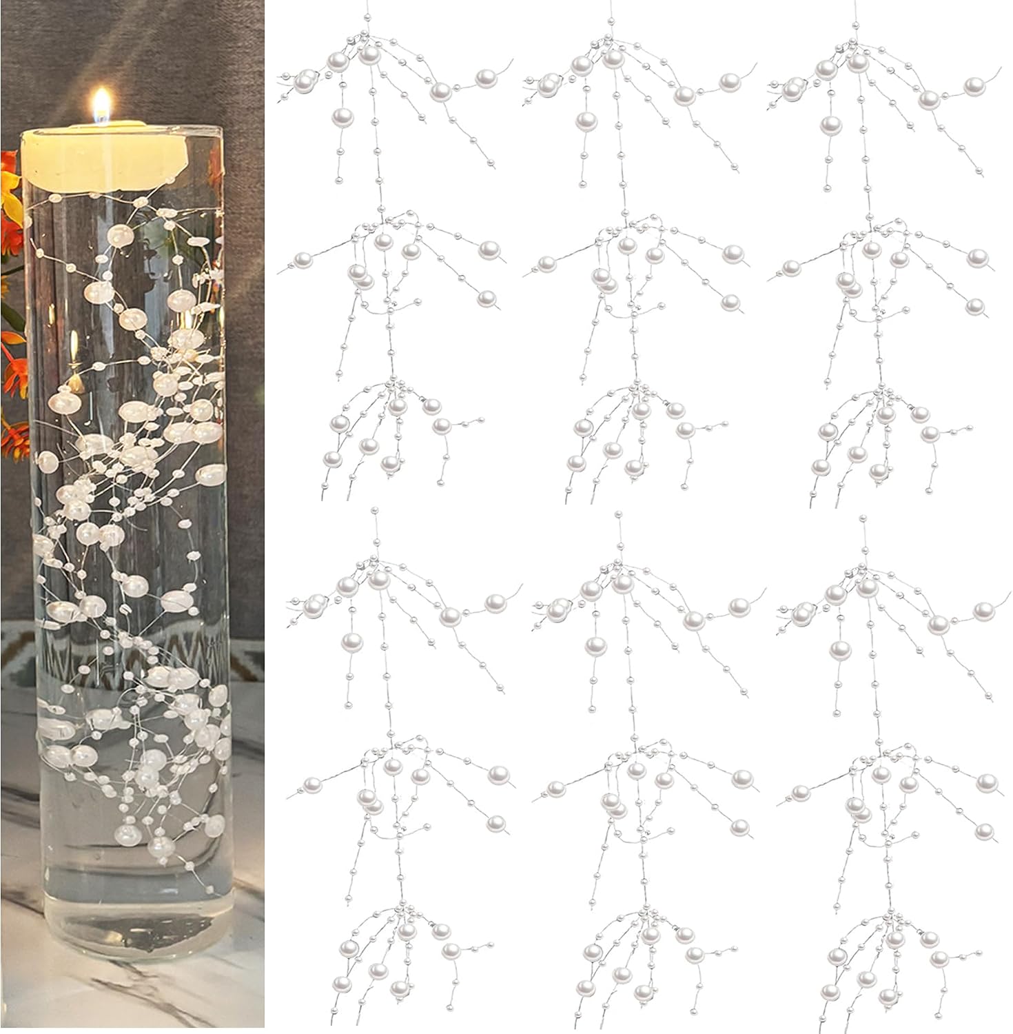 12 Pcs Pearl String Set for Floating Candles Centerpiece, White Faux Pearl Beads Vase Filler for Wedding Table Christmas Tree Decor Centerpiece. (White)