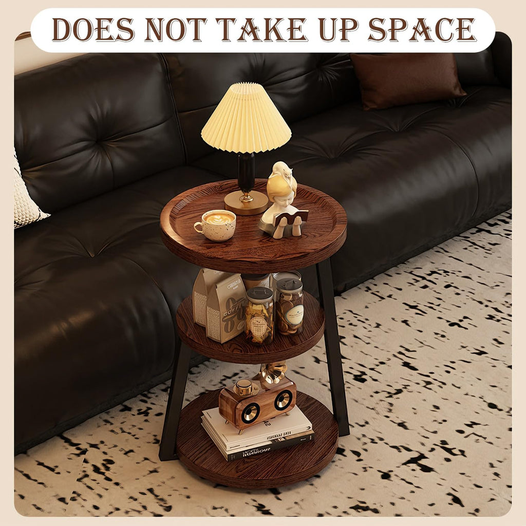 YUNMUARY-Walnut Wood Side Table,Modern Round Bed Tables Bedroom,Circle End Table with Storage,16 Inches Wide Small Couch End Tables for Kitchen,Hallway,Living Room,and Corners.
