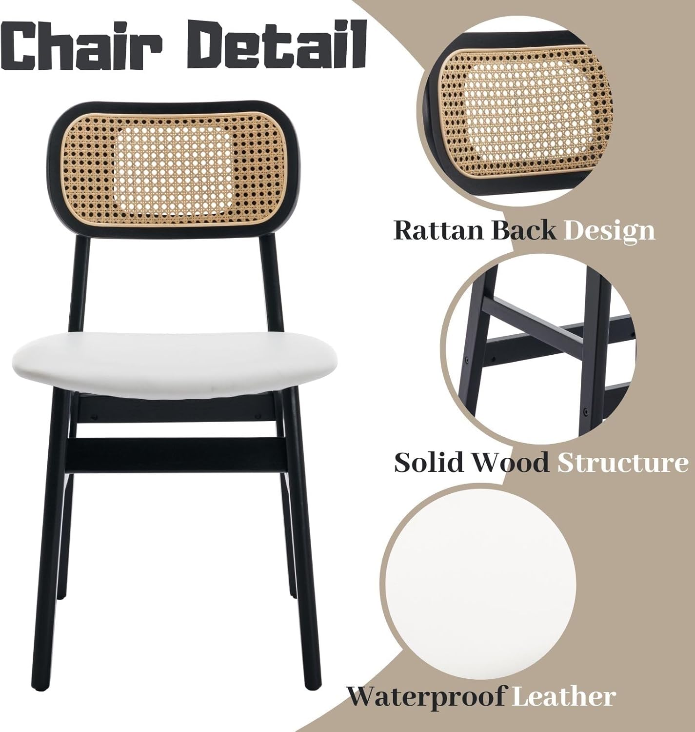 ROCITY Rattan Dining Chairs Set of 6 Black Wooden Dining Room Chairs White Faux Leather Kitchen Chairs with Back Farmhouse Side Chairs, Natural Wood