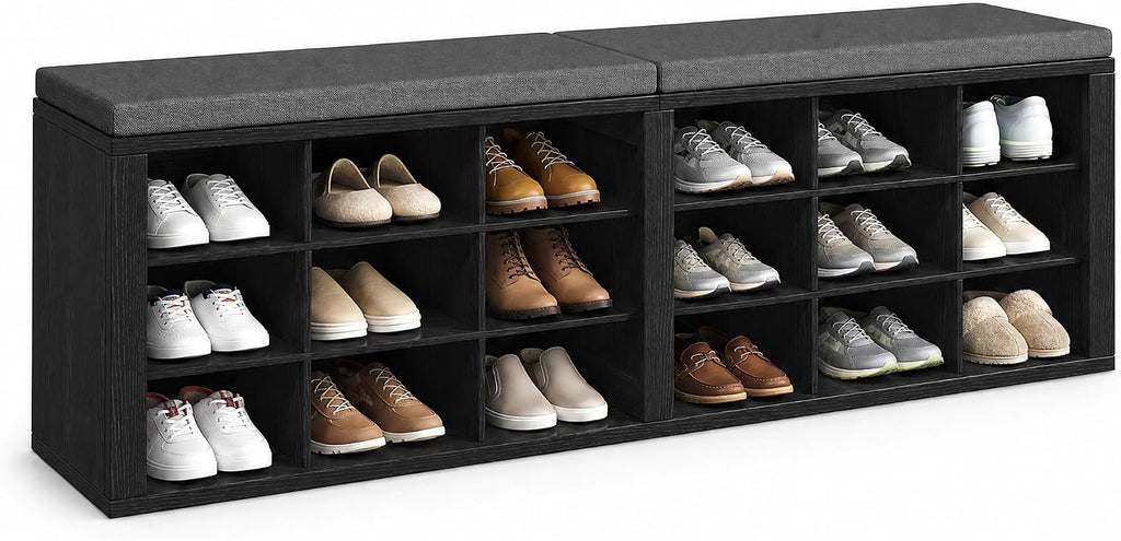 Shoe Storage Bench with Padded Seat, 18-Cubby Shoe Organizer for Entryway, 59.1" Long 700 lb Capacity, for Living Room, Bedroom, Hallway (Blackboard with Dark Gray, Linen, Sponge)