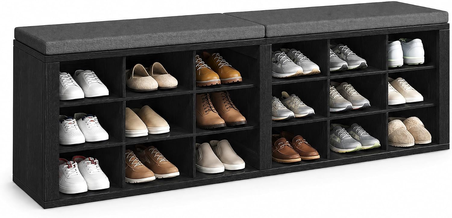 Shoe Storage Bench with Padded Seat, 18-Cubby Shoe Organizer for Entryway, 59.1" Long 700 lb Capacity, for Living Room, Bedroom, Hallway (Blackboard with Dark Gray, Linen, Sponge)