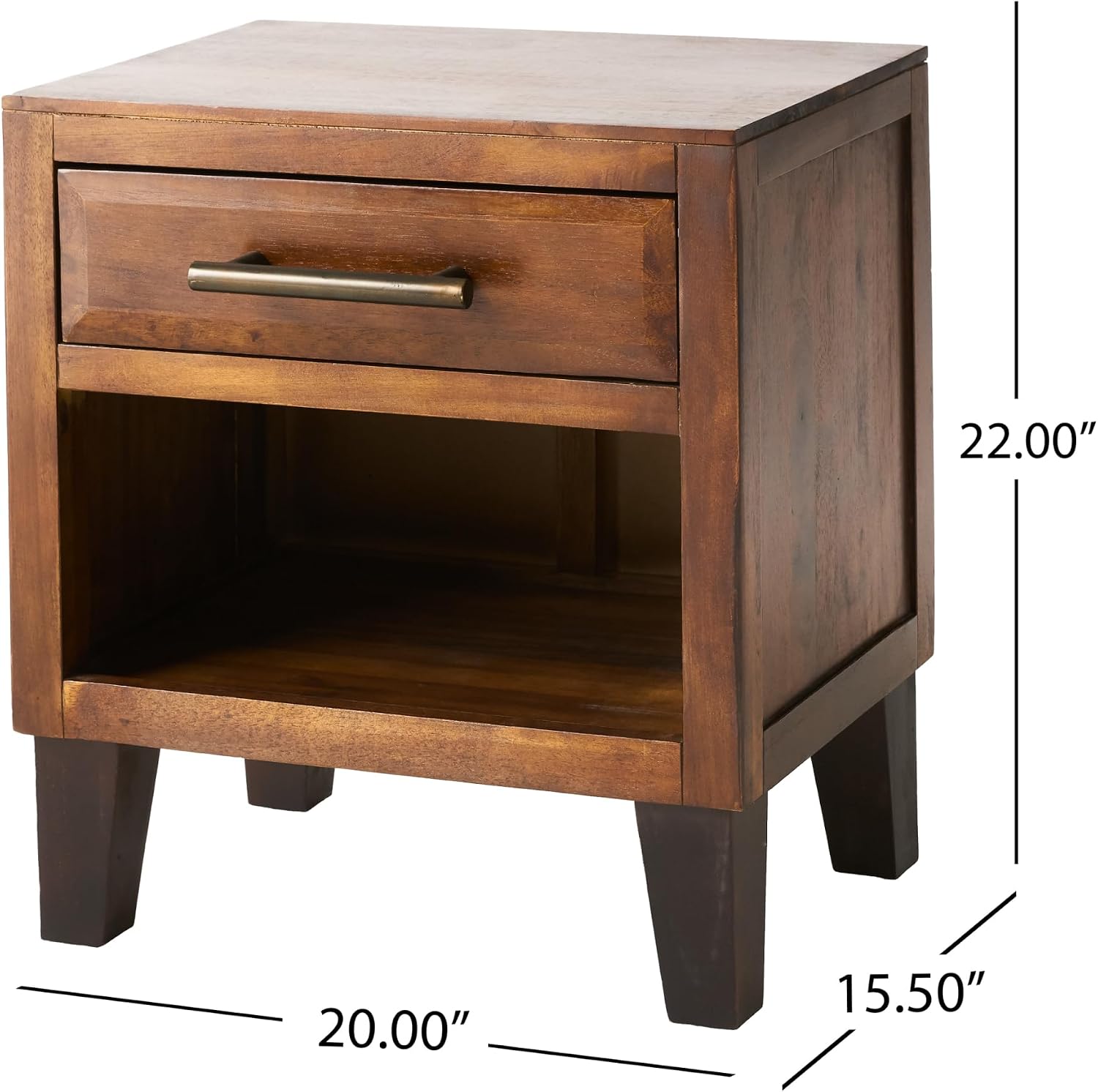 roomfitters Industrial Brown Acacia Wood End Table, Luxury 1-Drawer Storage Nightstand with Metal Frame, Contemporary Bedroom Bedside Unit