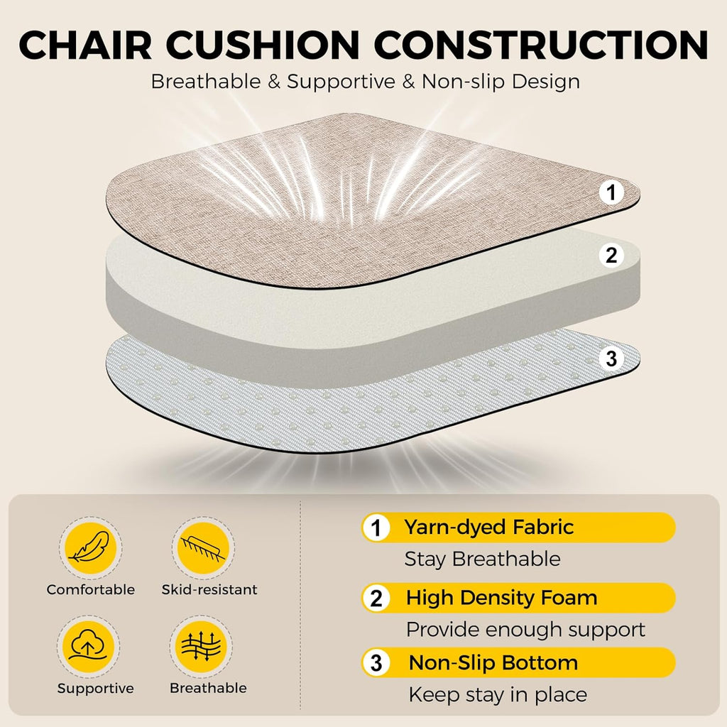 downluxe Indoor Chair Cushions for Dining Chairs,Kitchen Chair Pads with Ties and Non-Slip Backing, 16" x 16" x 2", Oatmeal Beige, 6 Pack