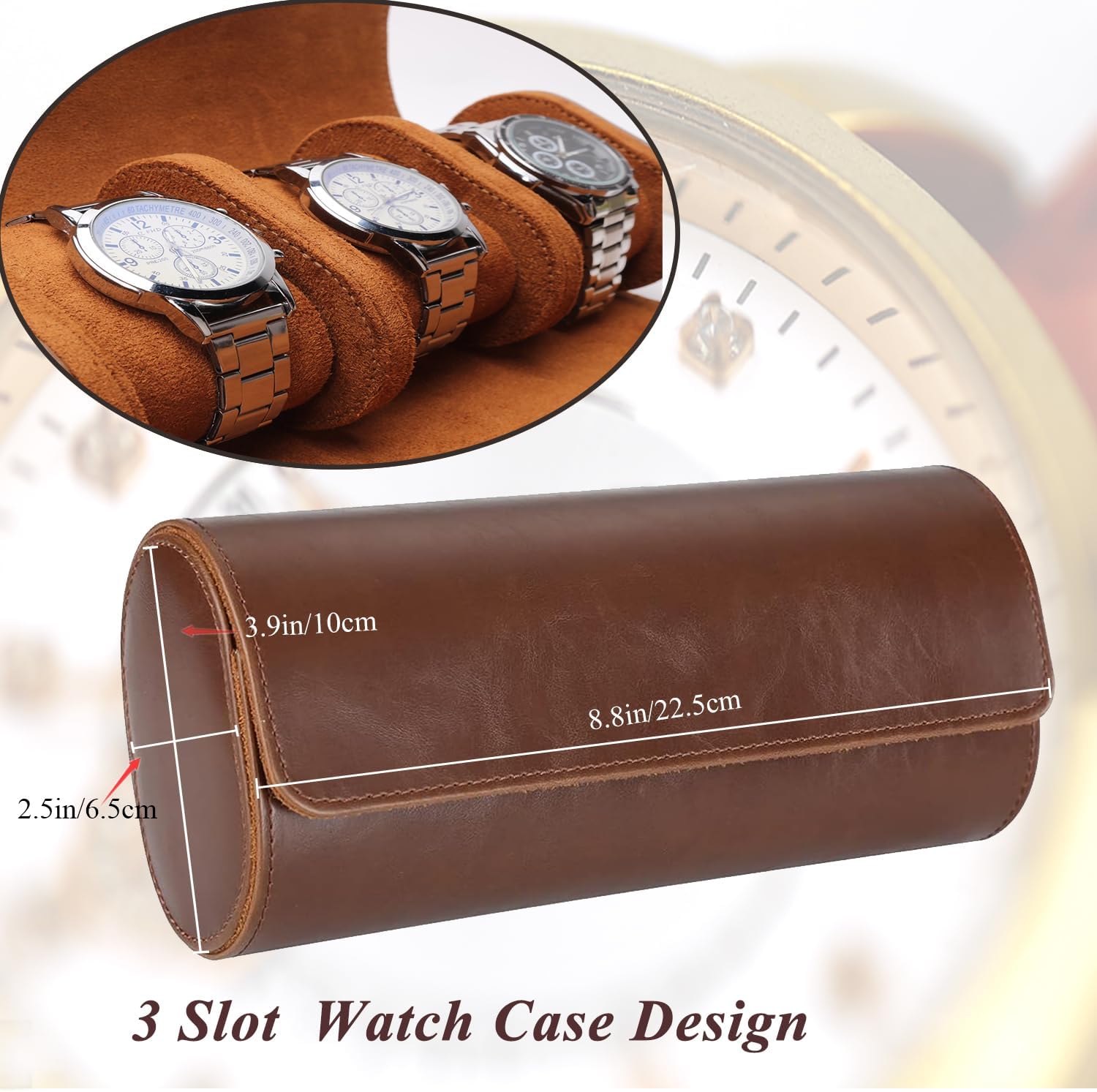 Watch Travel Case, Luxury Leather Watch Roll 3 Slot Organizer Box for Man and Woman, Jewelry Storage Case Gifts for Husband, Dad Birthday Christmas Anniversary (Dark Brown-3slot)