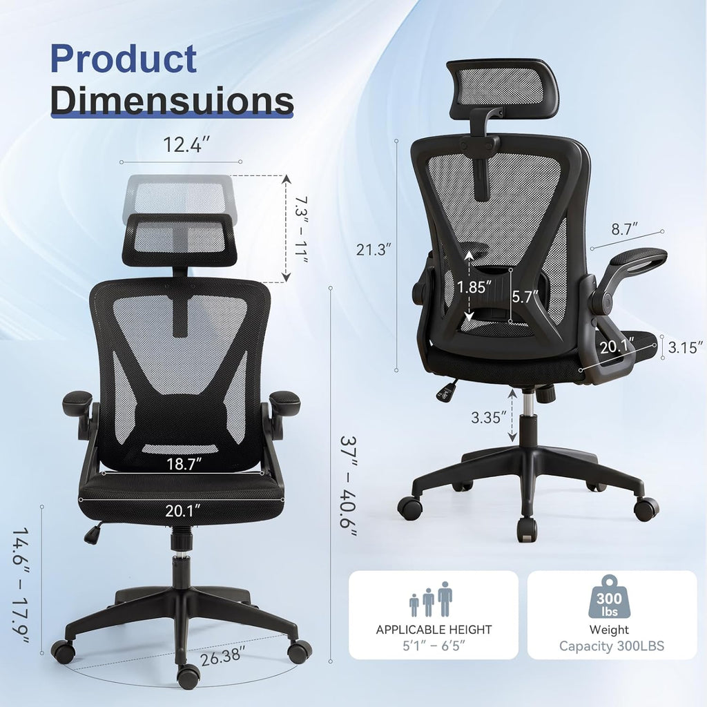 Mesh Office Chair with Adjustable Lumbar Support, Ergonomic High Back Desk Chair with Headrest, Swivel Rolling Computer Chair for Home Office (Black)