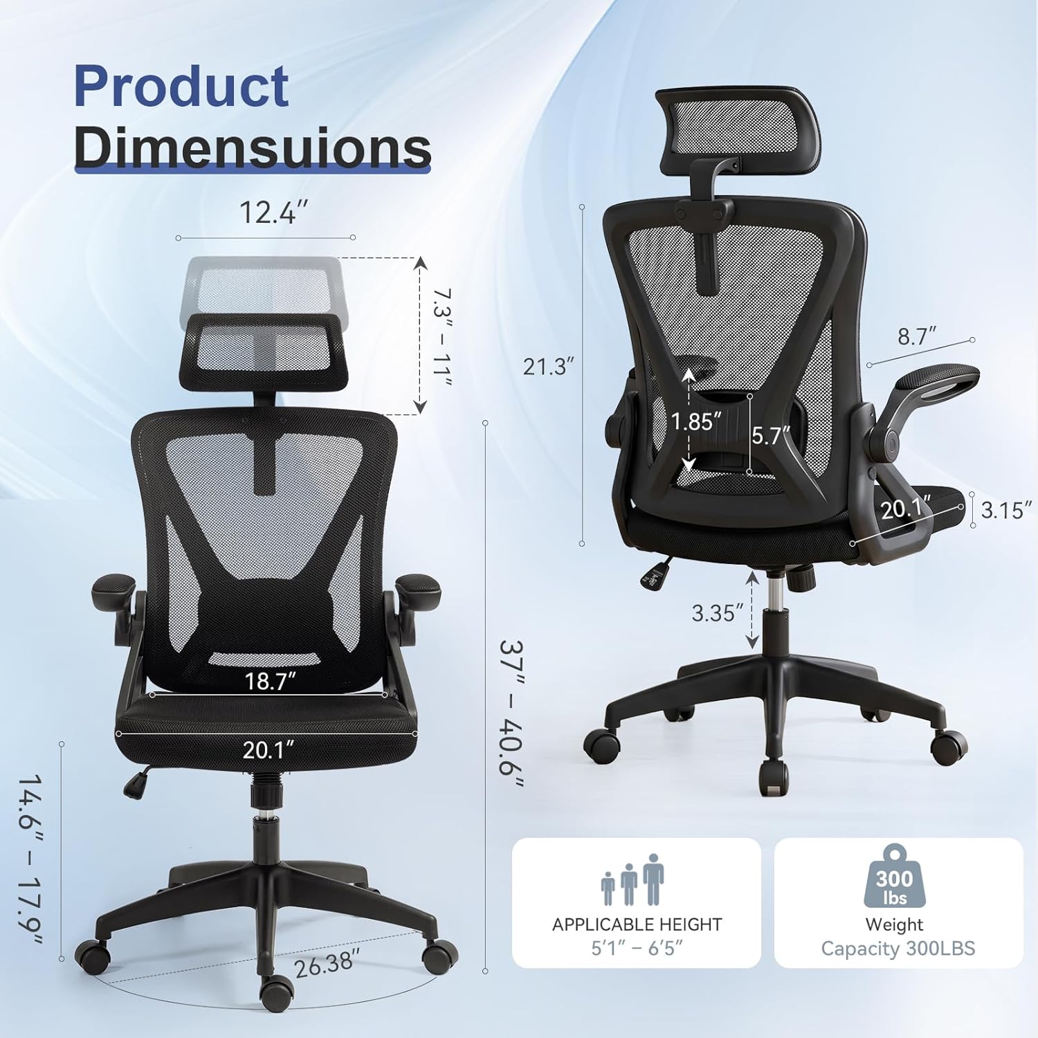 Mesh Office Chair with Adjustable Lumbar Support, Ergonomic High Back Desk Chair with Headrest, Swivel Rolling Computer Chair for Home Office (Black)