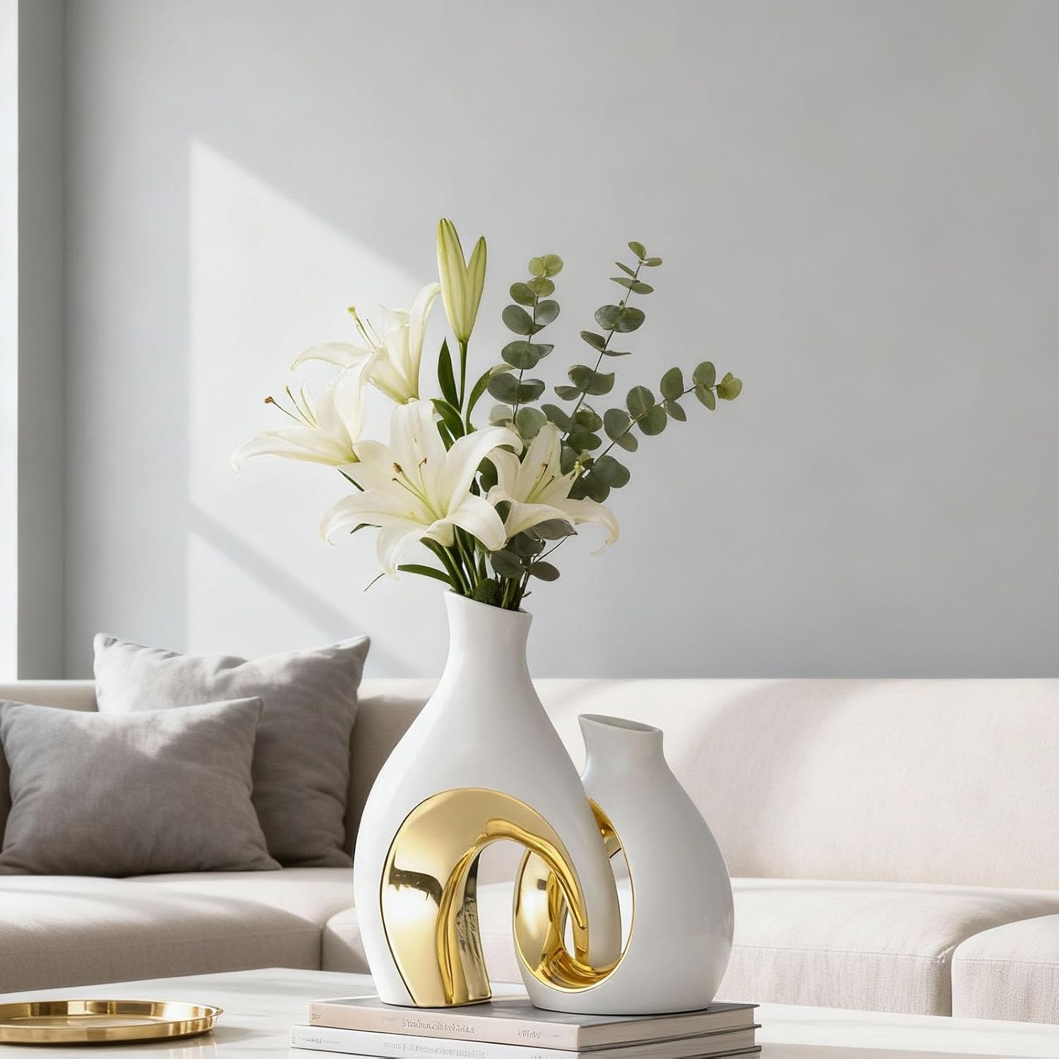 Hollow Ceramic Vase Set of 2,Nordic Modern Boho Decorative Ceramic Aesthetic Flower Vase for Home Decor,Minimalist Centerpiece Table Decorations,Wedding,Living Room,Bookshelf,Entryway (White Gold)