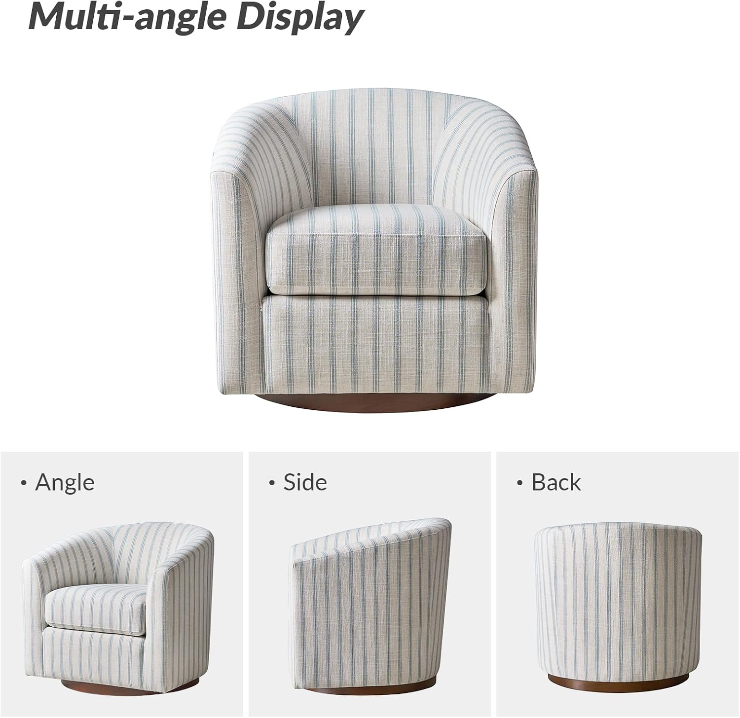 HULALA HOME Modern Swivel Accent Chair with Solid Wood Base, Round Swivel Barrel Chair with Striped Pattern, No Assembly Required, Blue