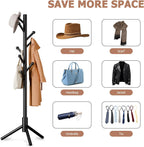 Coat Rack, Coat Racks Freestanding with 8 Hooks 3 Adjustable Heights for Clothes, Hats, Handbags, Coat Tree Easy Assembly for Entryway, Bedroom, Hallway, Office(Black)
