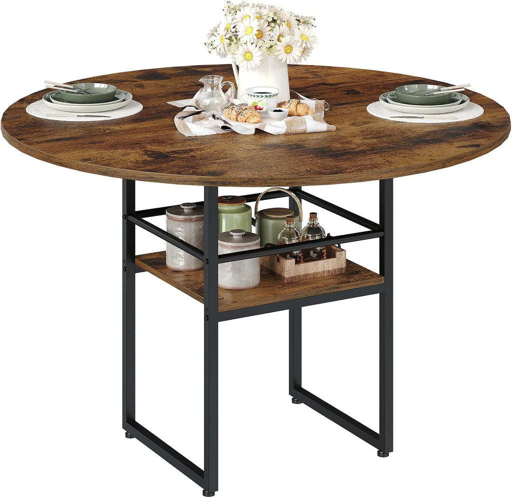 RALGEND 47.2" Round Dining Table for 4，Farmhouse Wooden Kitchen Table with Storage, Space Saving Circle Dinner Table with Metal Legs, for Dining Room, Living Room, Kitchen, Rustic Brown and Black