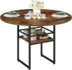 RALGEND 47.2" Round Dining Table for 4，Farmhouse Wooden Kitchen Table with Storage, Space Saving Circle Dinner Table with Metal Legs, for Dining Room, Living Room, Kitchen, Rustic Brown and Black