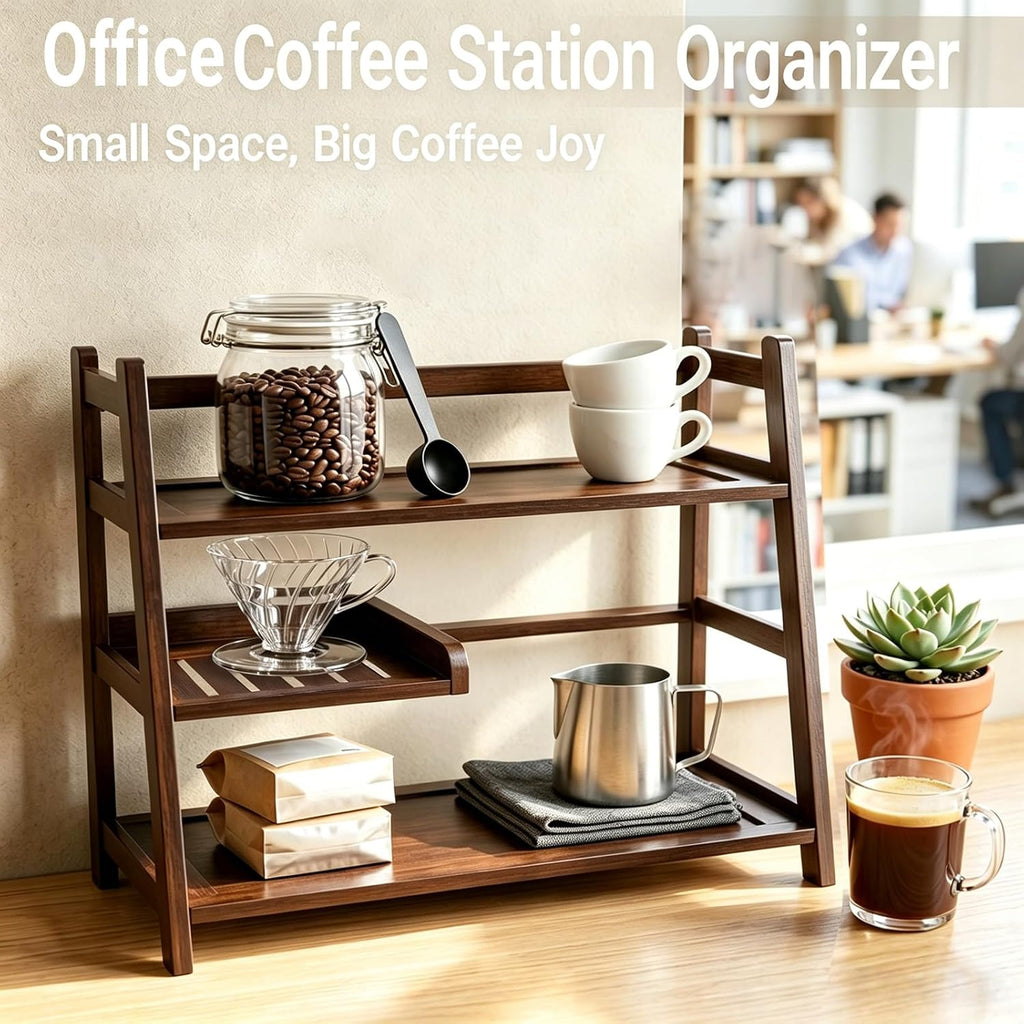 Bamboo 3-Tier Matcha Station, Coffee Organizer & Mug Display for Countertop | brown, solid bamboo structure, 3-tier storage, smooth easy-wipe surface, simple assembly, for kitchen coffee office