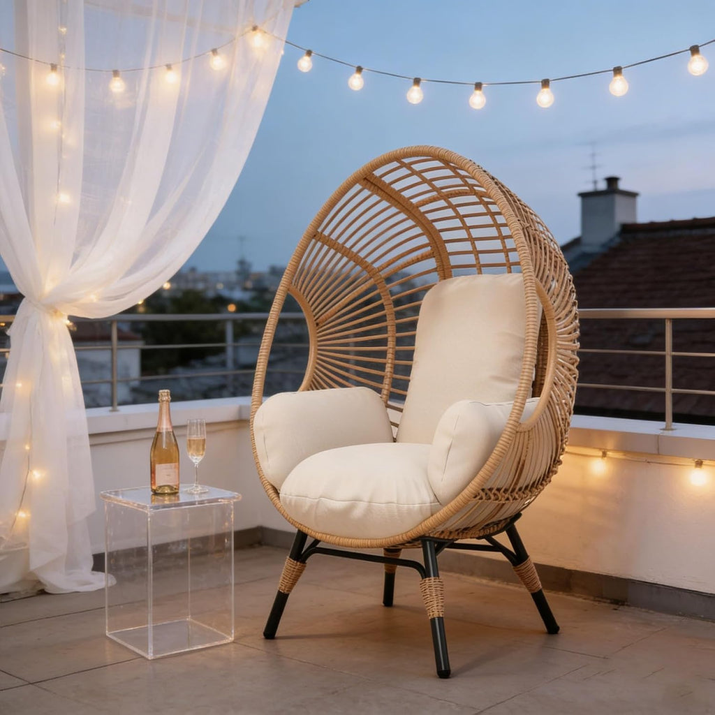 Indoor Egg Chair Wicker, Outdoor Use Available, 400lbs Capacity, Weather-Resistant PE Rattan Balcony Chairs(Natural)
