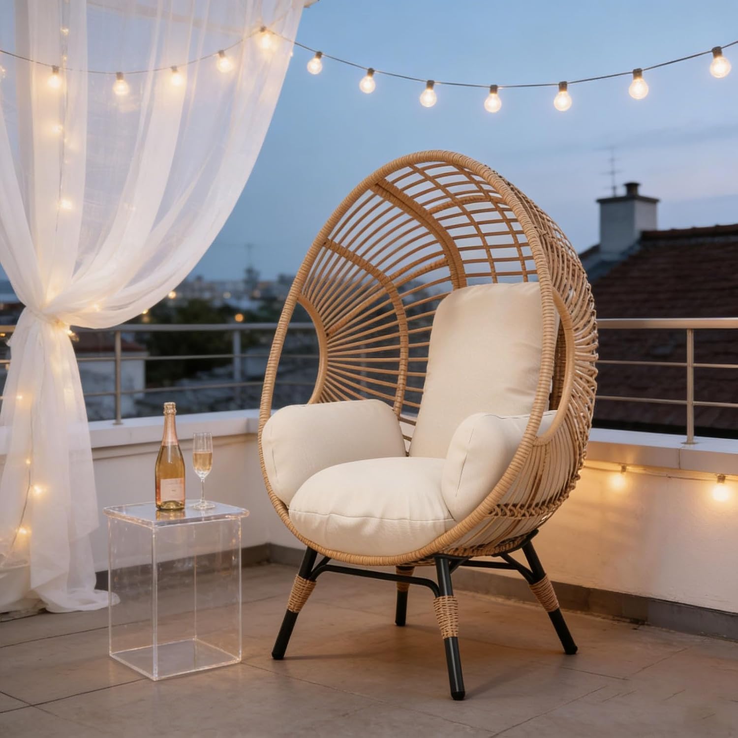 Indoor Egg Chair Wicker, Outdoor Use Available, 400lbs Capacity, Weather-Resistant PE Rattan Balcony Chairs(Natural)