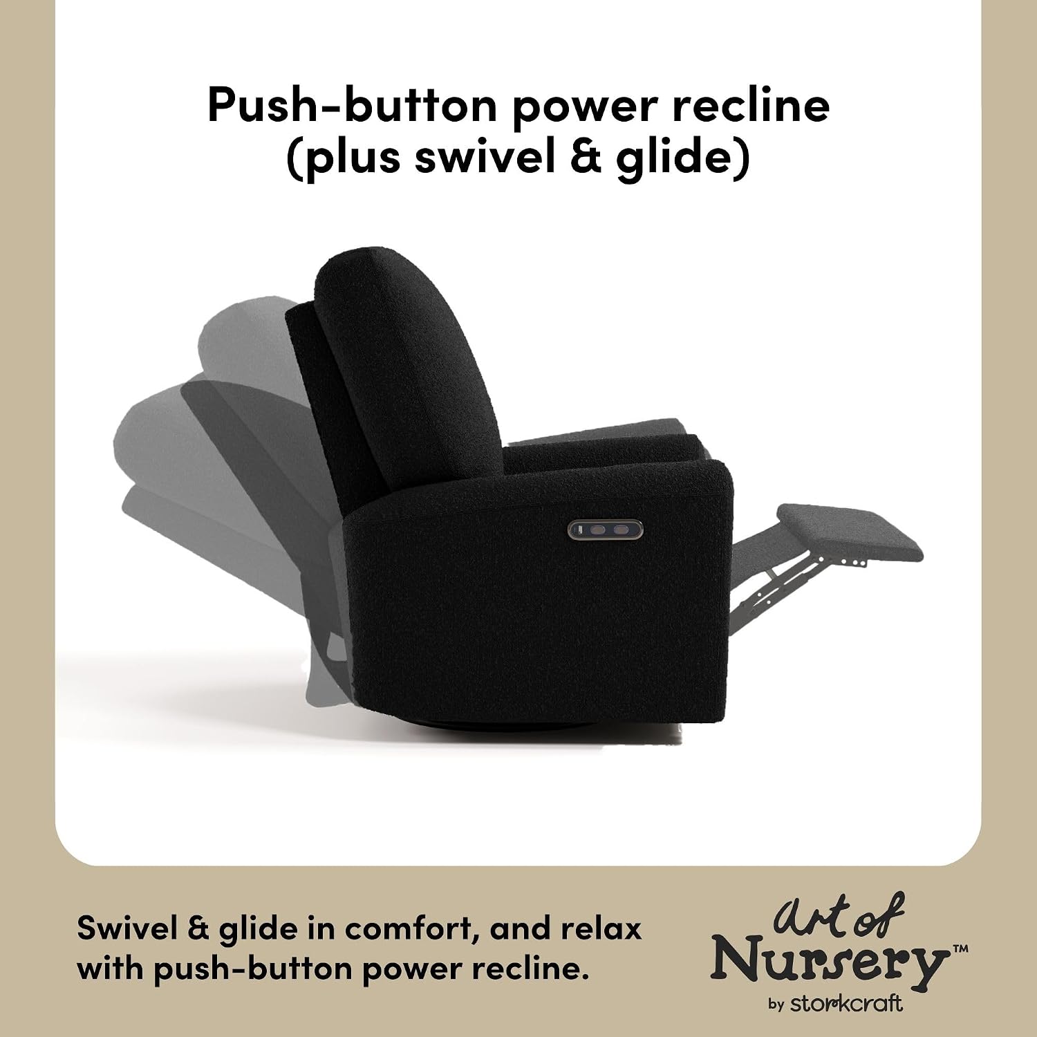 Storkcraft Sorrento Deluxe Power Recliner Swivel Glider – Premium Electronic Nursery Rocking Chair, Oeko-TEX 100 Certified, Includes Dual-USB Charging Port with USB-A & USB-C (Black Boucle)