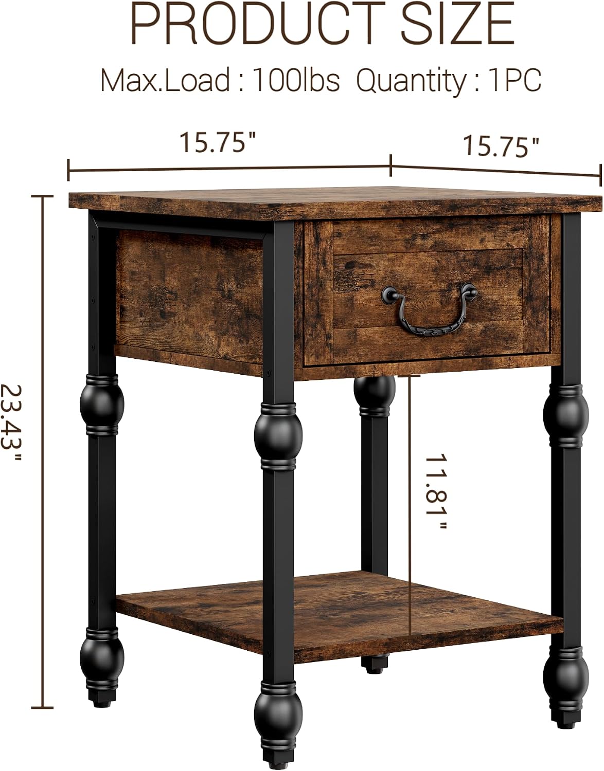 Takywep Small End Table with Drawer & Open Shelf, Vintage Nightstand with Gourd Joint Details, Apartment Square Sofa Beside Table with Storage Shelf for Living Room, Bedroom, 16 * 23in Retro Brown