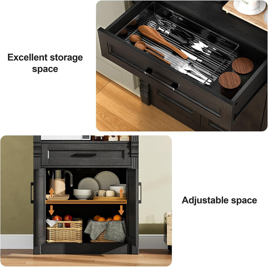 Rresyet 70.9" Tall Kitchen Pantry Storage Cabinet, Modern Kitchen Hutch Bar Cabinet with Lights, Freestanding Food Pantry with Adjustable Shelves and Drawer (Black)