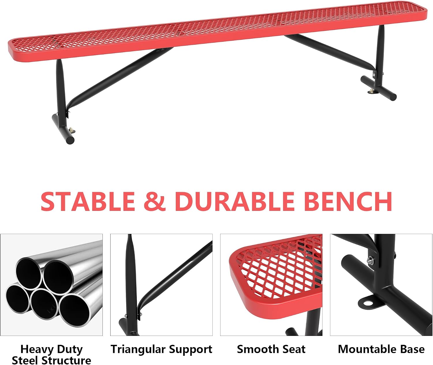 8 Feet Outdoor Steel Bench, Red Heavy Duty Metal Park Bench for Outside, Weatherproof Dock Bench, 96" L Commercial Benches Mesh Bench for Shopping Mall, Store, Lawn, Park, Patio, Deck, Garden