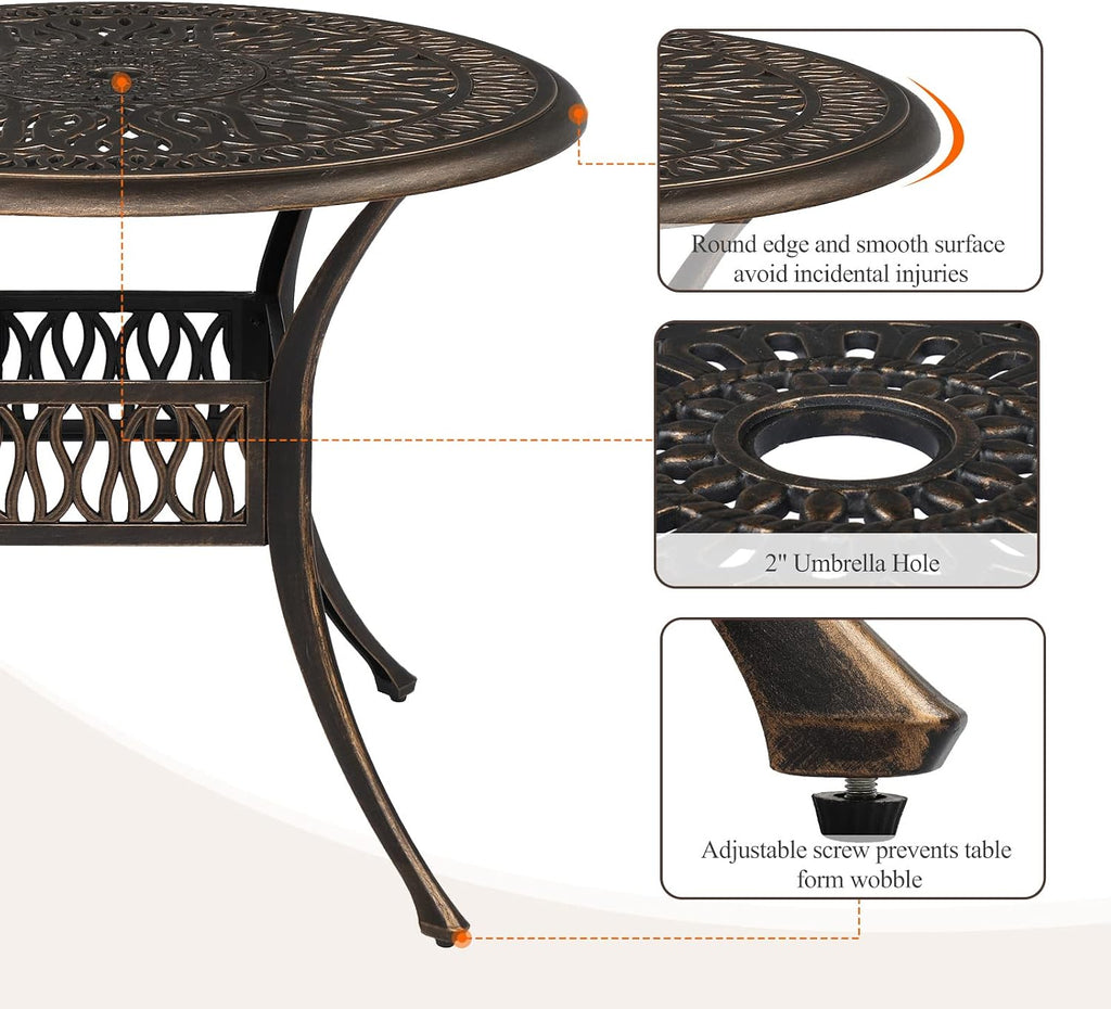 VINGLI 35.4' Dia Patio Dining Table with Umbrella Hole, Cast Aluminum Bistro Table for Outdoor Garden Use (35.4' Dia x 29.5' H)