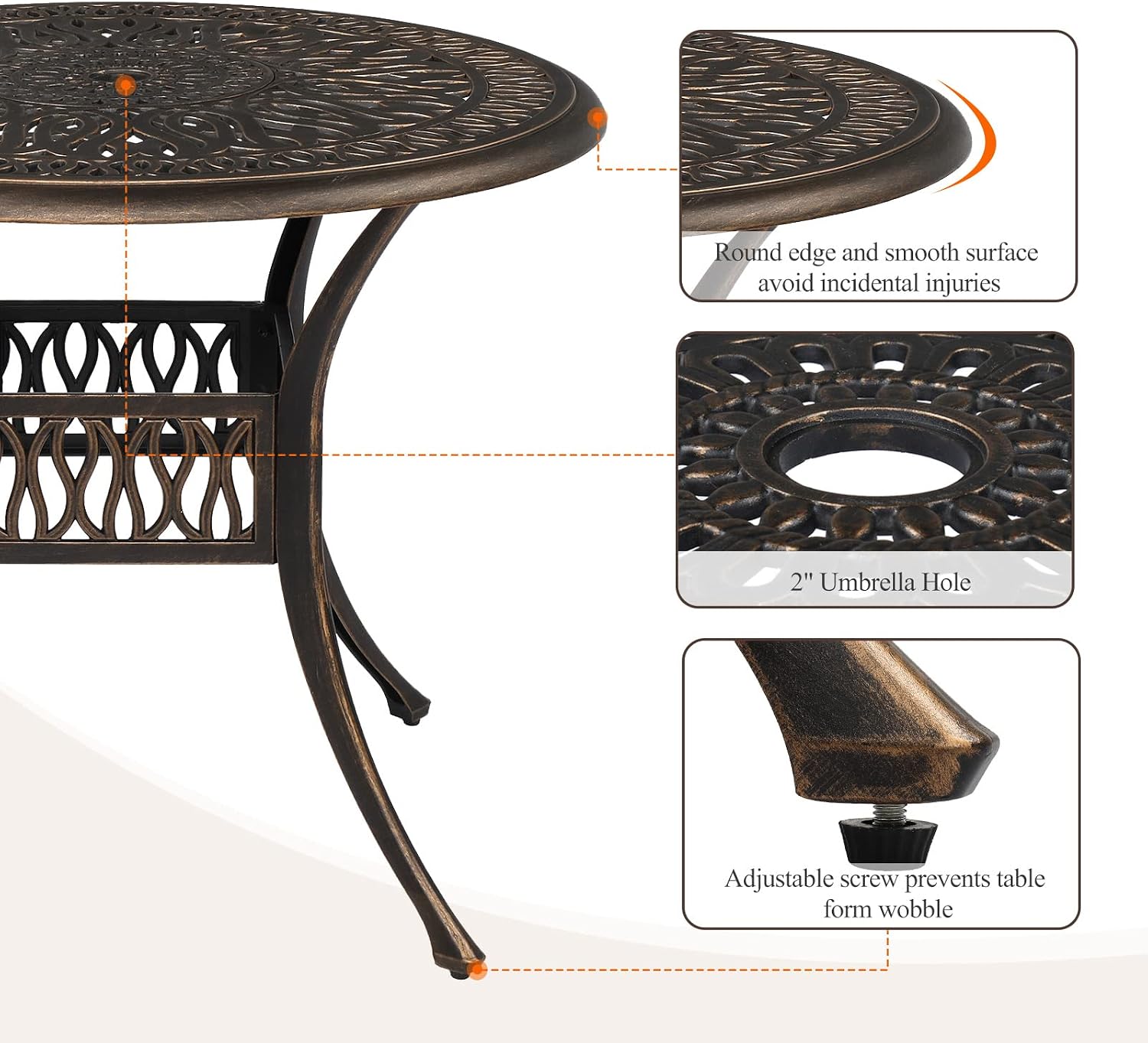 VINGLI 35.4' Dia Patio Dining Table with Umbrella Hole, Cast Aluminum Bistro Table for Outdoor Garden Use (35.4' Dia x 29.5' H)