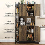 Industrial Style Kitchen Pantry Storage Cabinet, Brown Tall Kitchen Hutch with Microwave Stand, Food Pantry Cabinet with Side 6 Shelves and 2 Doors for Dining Room, Living Room