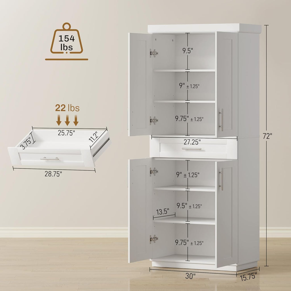 HOMCOM 72" Kitchen Pantry Cabinet, Freestanding Tall Storage Cabinet with 4 Doors, Drawer and 3 Adjustable Shelves for Dining Room, White