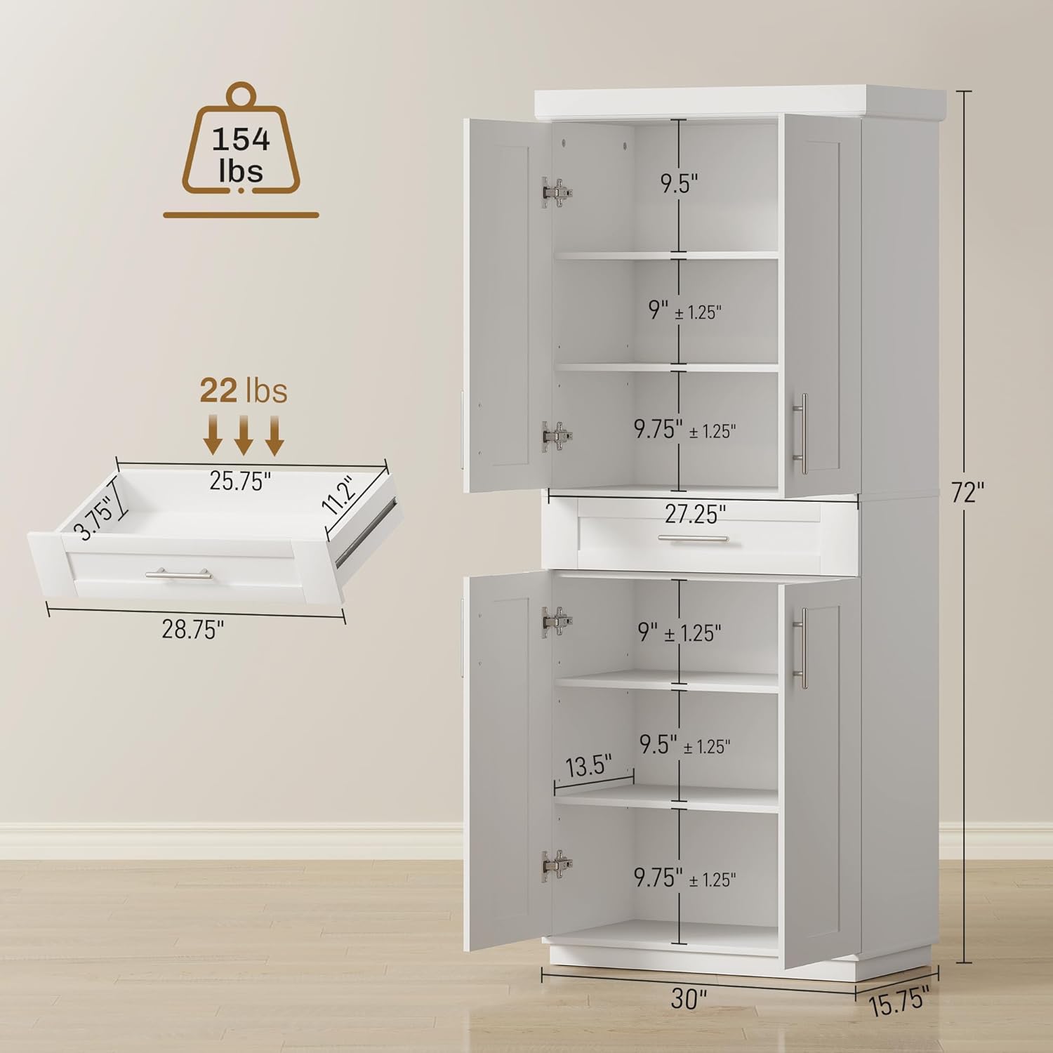 HOMCOM 72" Kitchen Pantry Cabinet, Freestanding Tall Storage Cabinet with 4 Doors, Drawer and 3 Adjustable Shelves for Dining Room, White