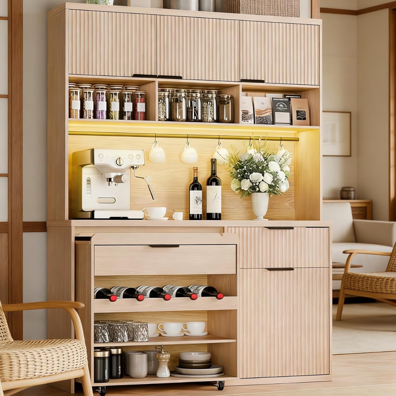 71" Pantry Cabinet,Tall Kitchen Pantry Storage Cabinet with Charging Station and LED Light,Fluted Freestanding Food Storage Cabinet,Farmhouse Kitchen Hutch with Storage Drawers for Living Dining Room