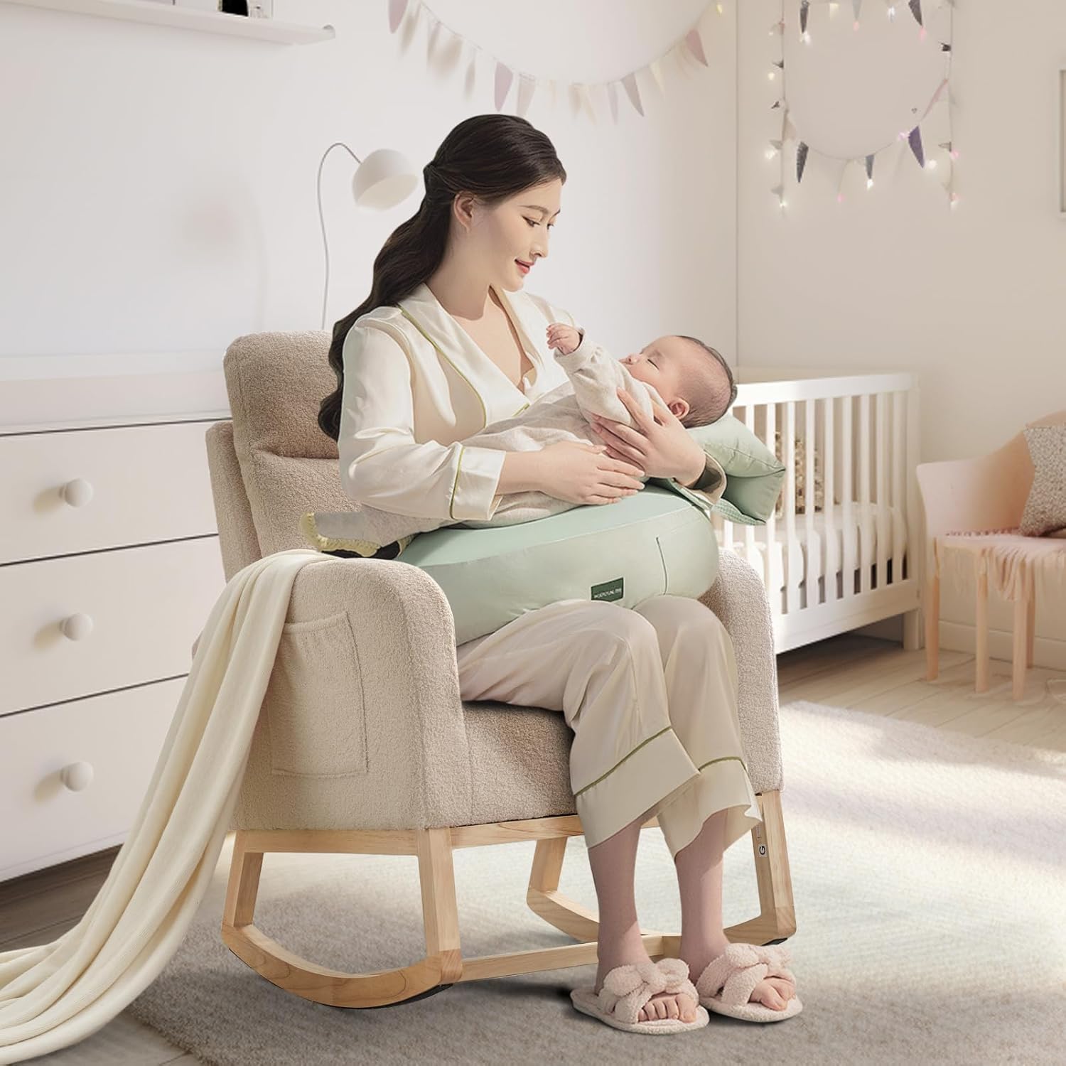 Rocking Chair Glider for Nursery, 300 lbs Comfy Rocker Nursery with Side Pocket & High Backrest, Baby Rocking Chair Armchair for Breastfeeding, Upholstered Rocker & Living Room