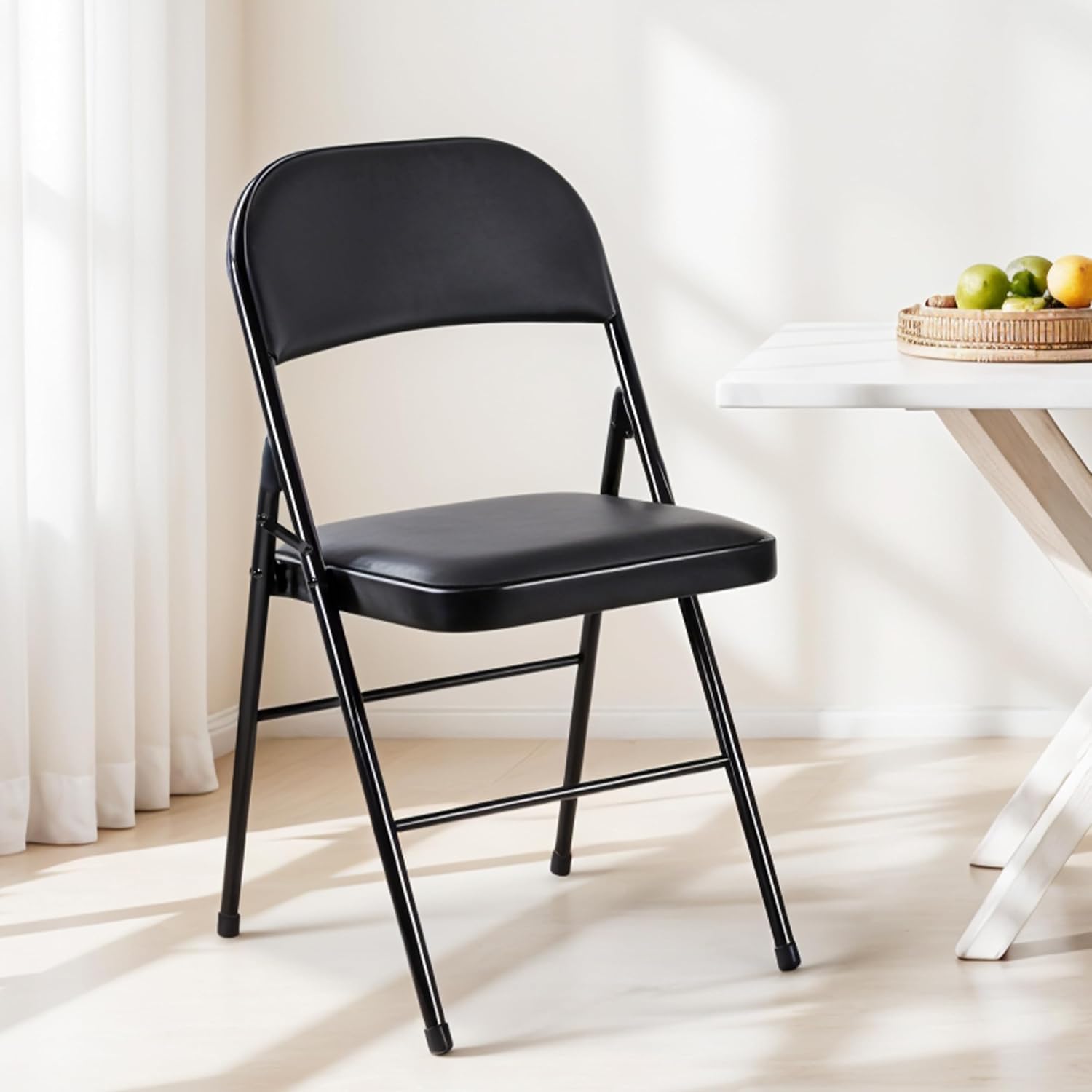 Simple Deluxe 2 Pack Foldable Padded Folding Chairs, Leather Cushion Seat & Sturdy Metal Frame, Portable Commercial Event Chair for Indoor Outdoor Home Office Parties, Black