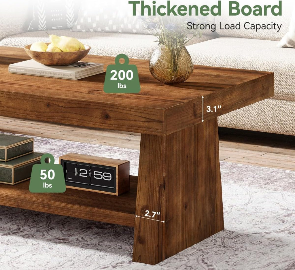 Solid Wood Coffee Table, 47-Inch Farmhouse Wooden Coffee Table for Living Room, 2-Tier Rectangular Center Table with Storage for Apartment, Home Office, Dark Brown