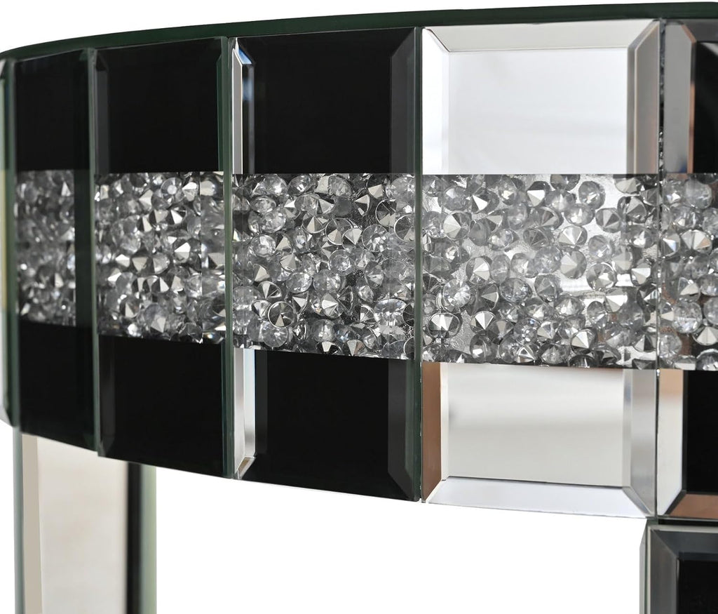 Round Mirror Accent Table with Crushed Diamond Edge Frame, 19.7" Mirrored End Table with Crystal Legs for Living Room Entryway, Small Space Side Table