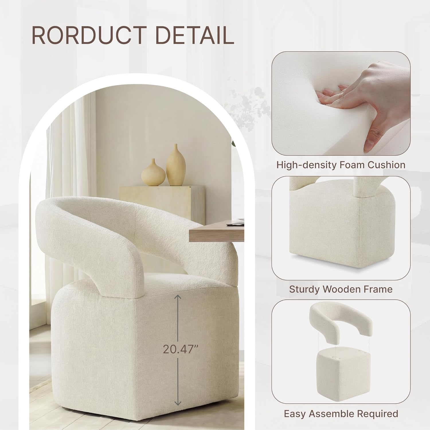 KISLOT Upholstered Dining Chairs Set of 1, Modern Arm Kitchen & Dining Room Chairs with Hidden Casters, Linen Fabric Padded Rolling Chairs, Sturdy Wood Frame, 300 lbs Capacity, Cream Beige