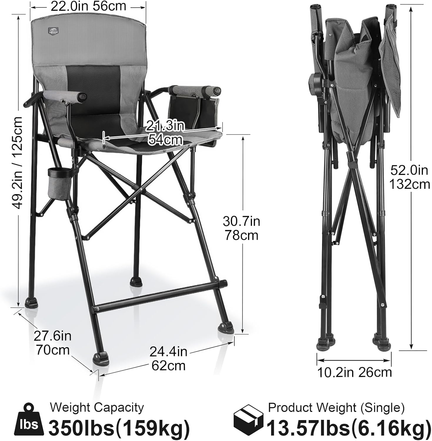 LANMONTAIN Extra Tall Folding Camping Chairs,30.7'' Seat Height Portable Hard Arm Bar Chairs w/Cup Holder,Side Mesh Pocket and Footrest,Heavy Duty Support 350 Lbs Comfy Director Chairs,Black&Grey