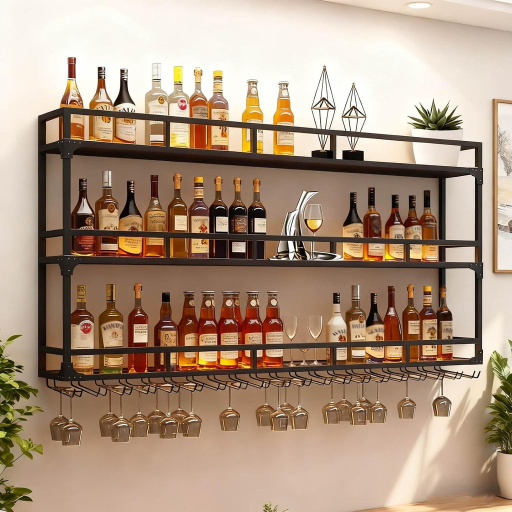 Wall Mounted Wine Rack, Floating Industrial Liquor Glass Holder 3 Tiers, Large Metal Wine Bottle Display Rack Hanging Shelf, for Home Bar Dining Room Decorative (Black, 70.86x35.43x9.84in)