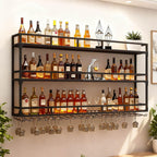 Wall Mounted Wine Rack, Floating Industrial Liquor Glass Holder 3 Tiers, Large Metal Wine Bottle Display Rack Hanging Shelf, for Home Bar Dining Room Decorative (Black, 70.86x35.43x9.84in)
