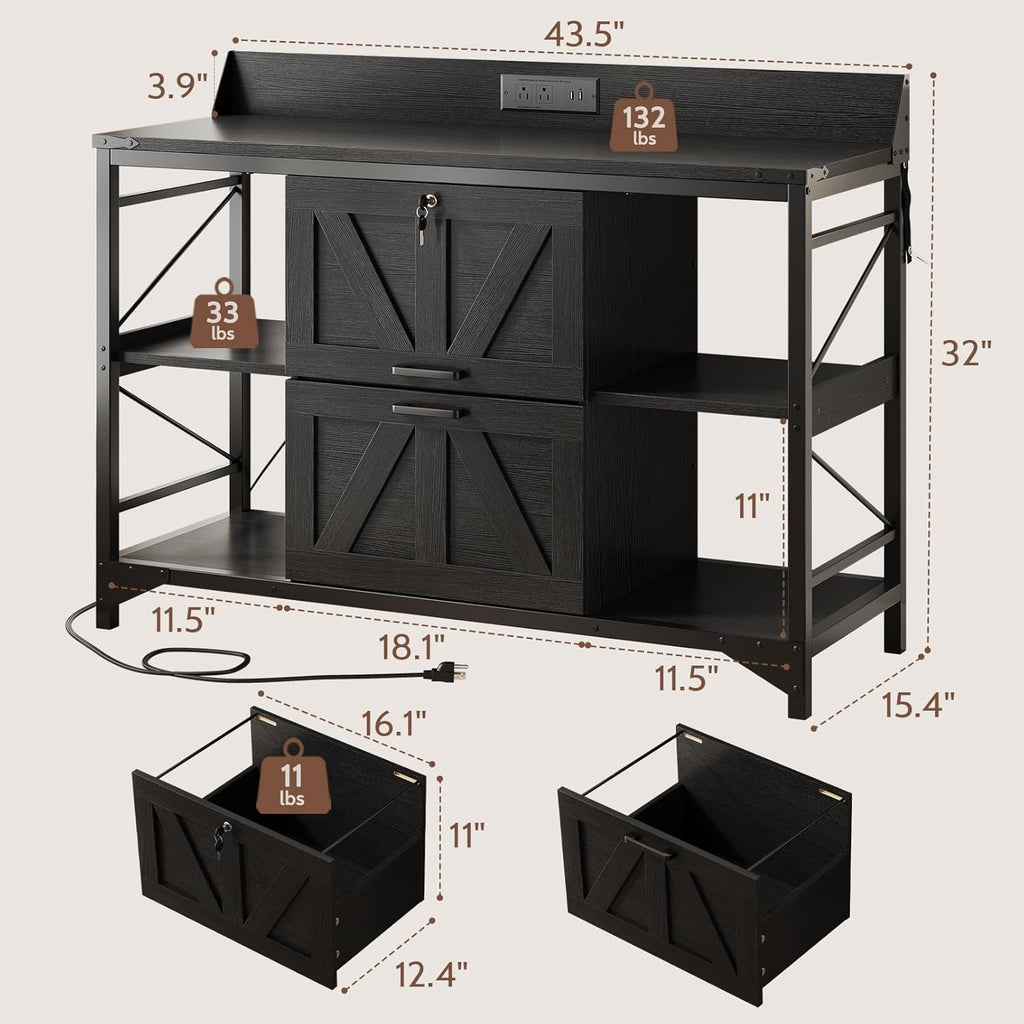 44" File Cabinet, Lateral Filing Cabinet for Home Office with 2 Drawers, Office Storage Cabinet with Lock and Key, Wooden Printer Stand with 4 Storage Shelves and Power Outlet, Office Furniture, Black