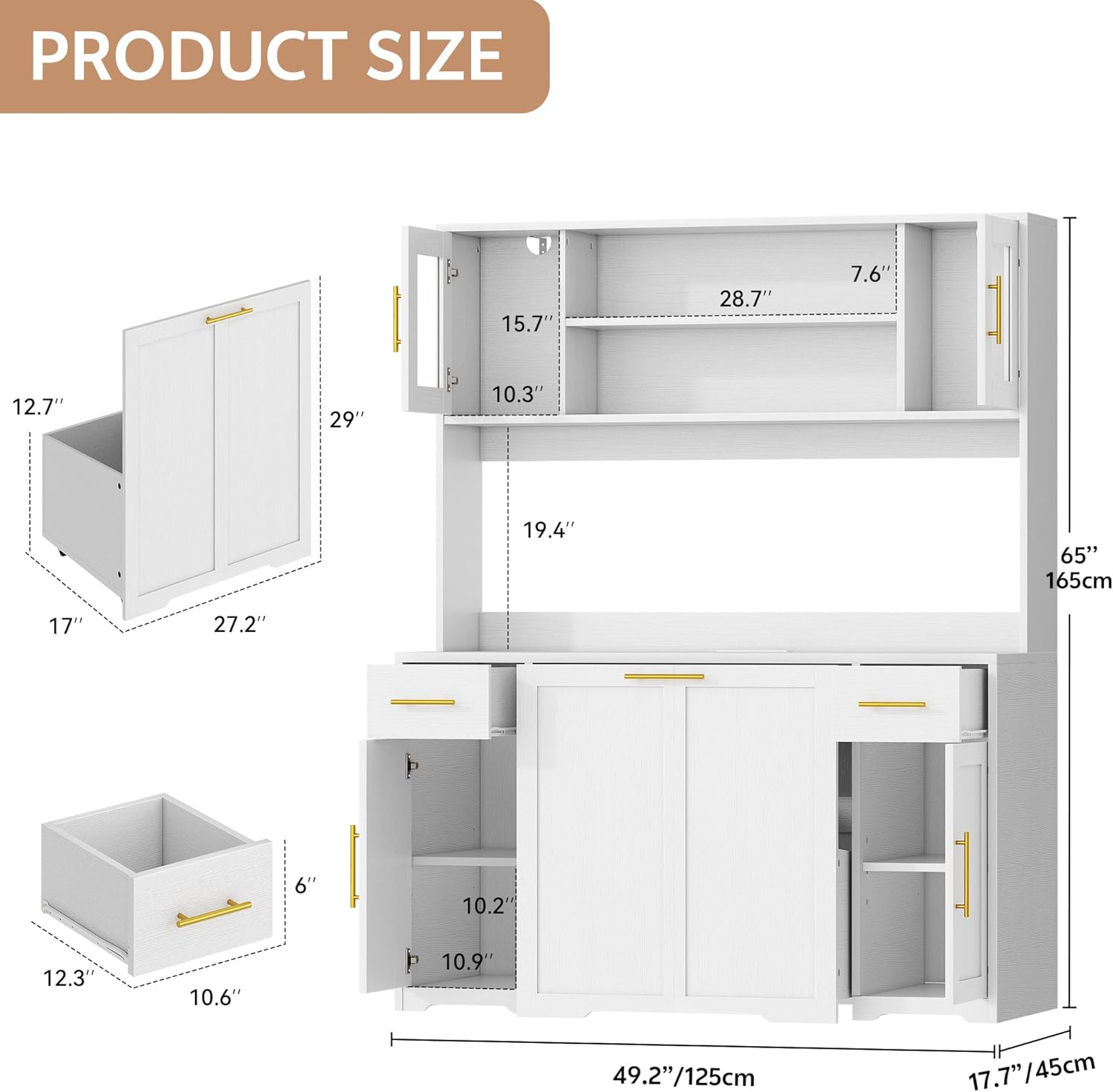 Hutch Cabinet with Storage, 65" Tall Kitchen Pantry with Power Outlet, Double Pull Out Trash Can Cabinet, Kitchen Hutch with Countertop and Drawers, Modern Pantries for Home, White