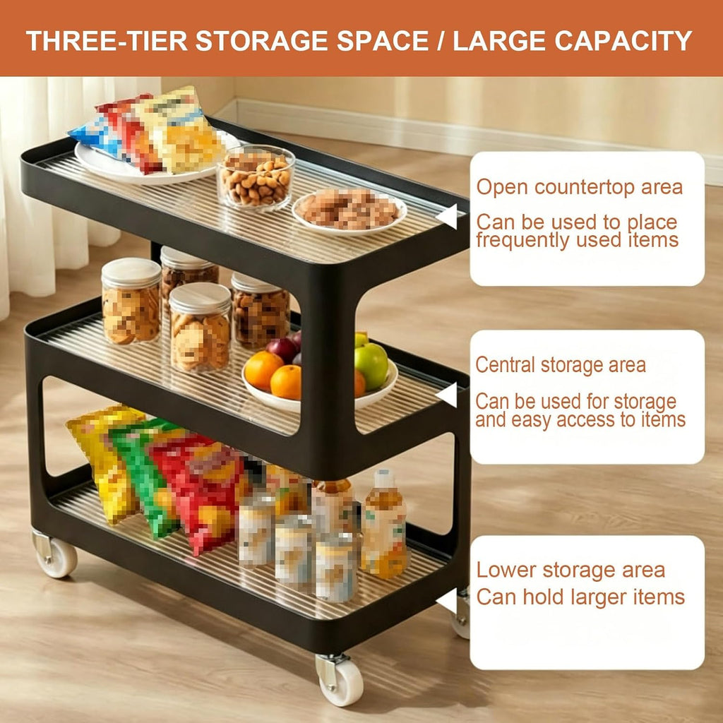 Luxury 3-Tier Slim Storage Cart, Rolling Side Table with Tempered Glass & Lockable Wheels, Mobile End Table for Living Room Bedroom, Space Saving Cream/Black(Black,50cm/19.7in)