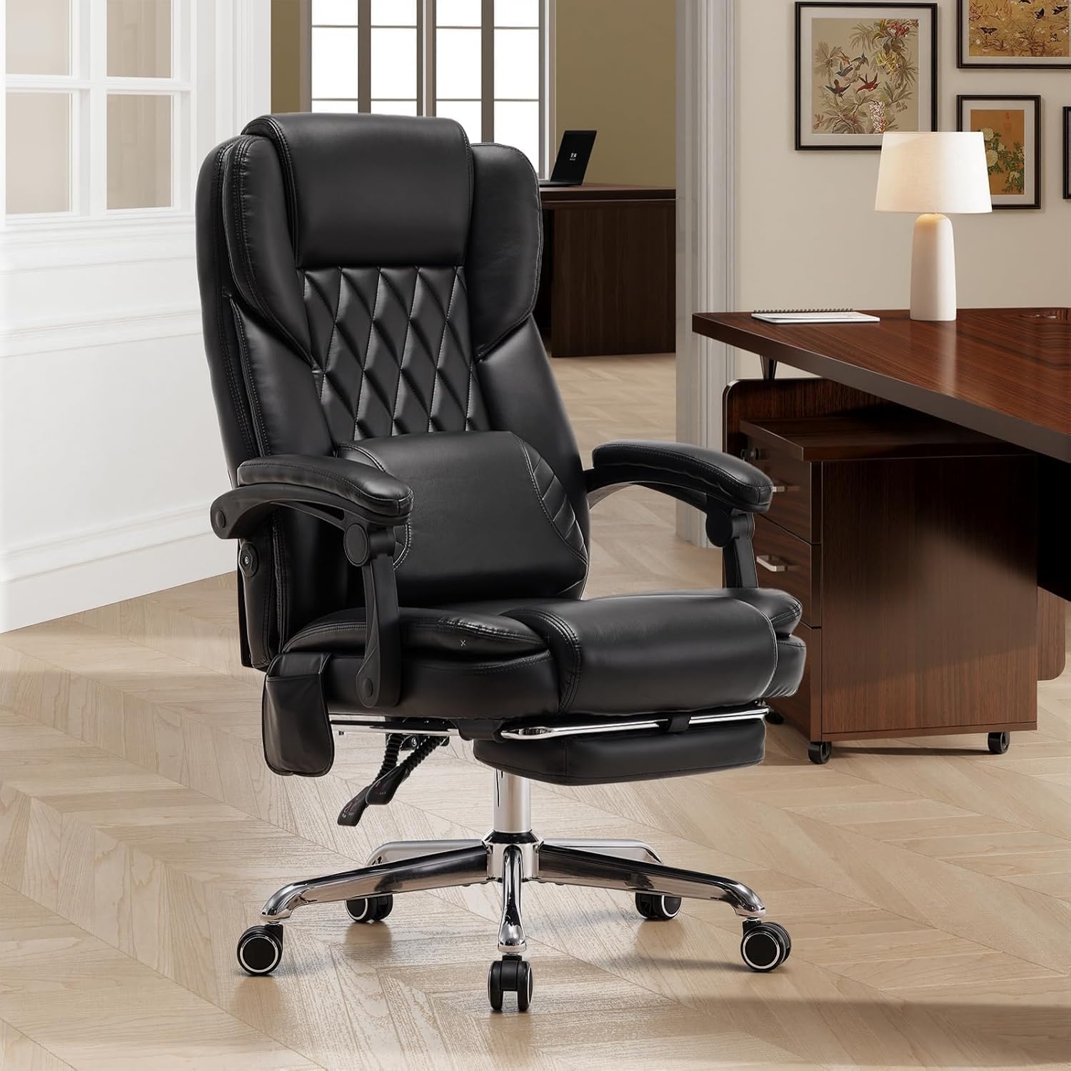 500LBS Massage Office Chair with Foot Rest, 3D Kneading Massage Home Office Desk Chairs, 22.83” Wide Big and Tall Office Chair for Heavy People, Ergonomic Reclining Gaming Chairs, Black