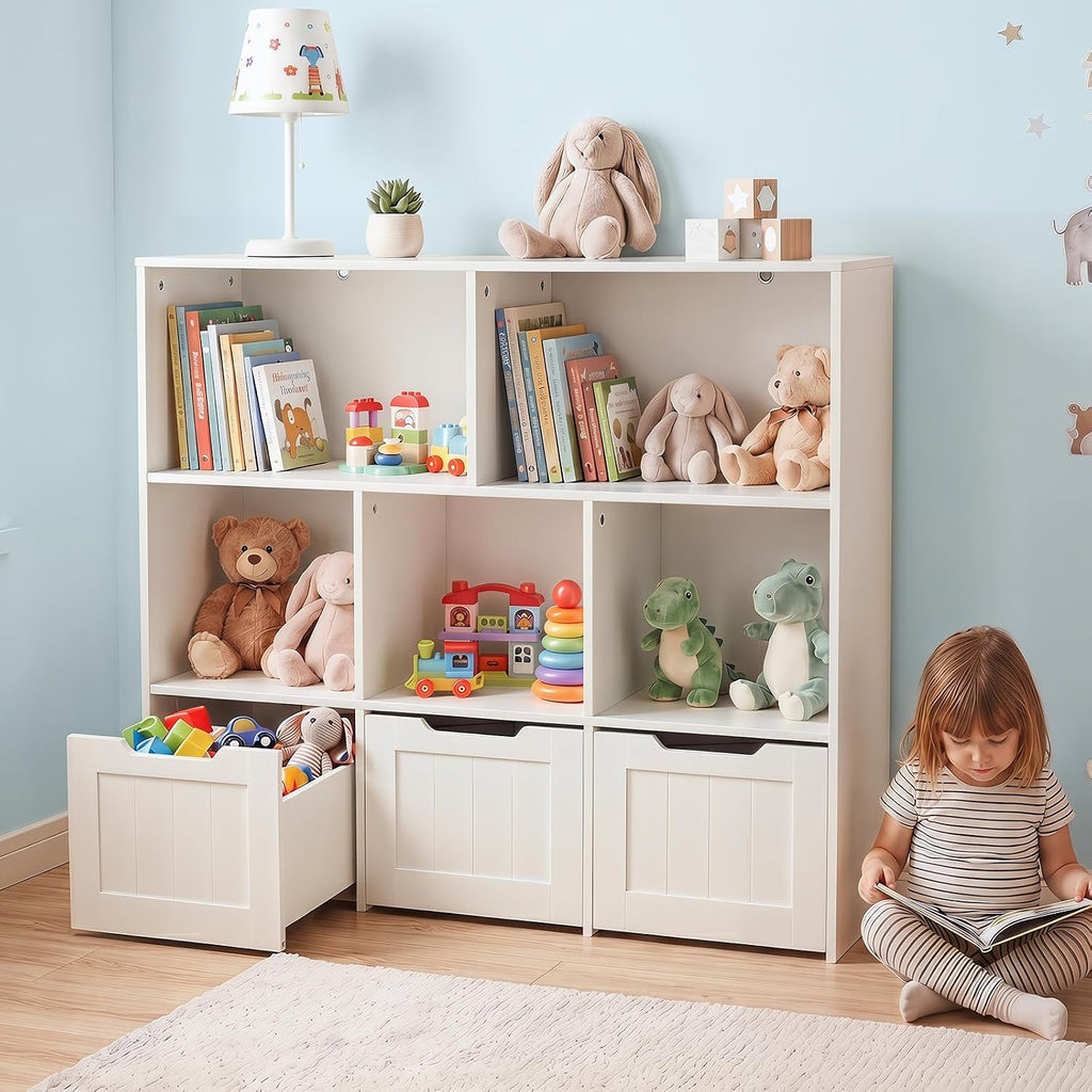 Olakids Toy Storage Organizer, Wooden Kids Bookshelf with Hidden Wheels 3 Movable Drawers 5 Open Cubbies, Large Toddler Chest for Playroom Classroom