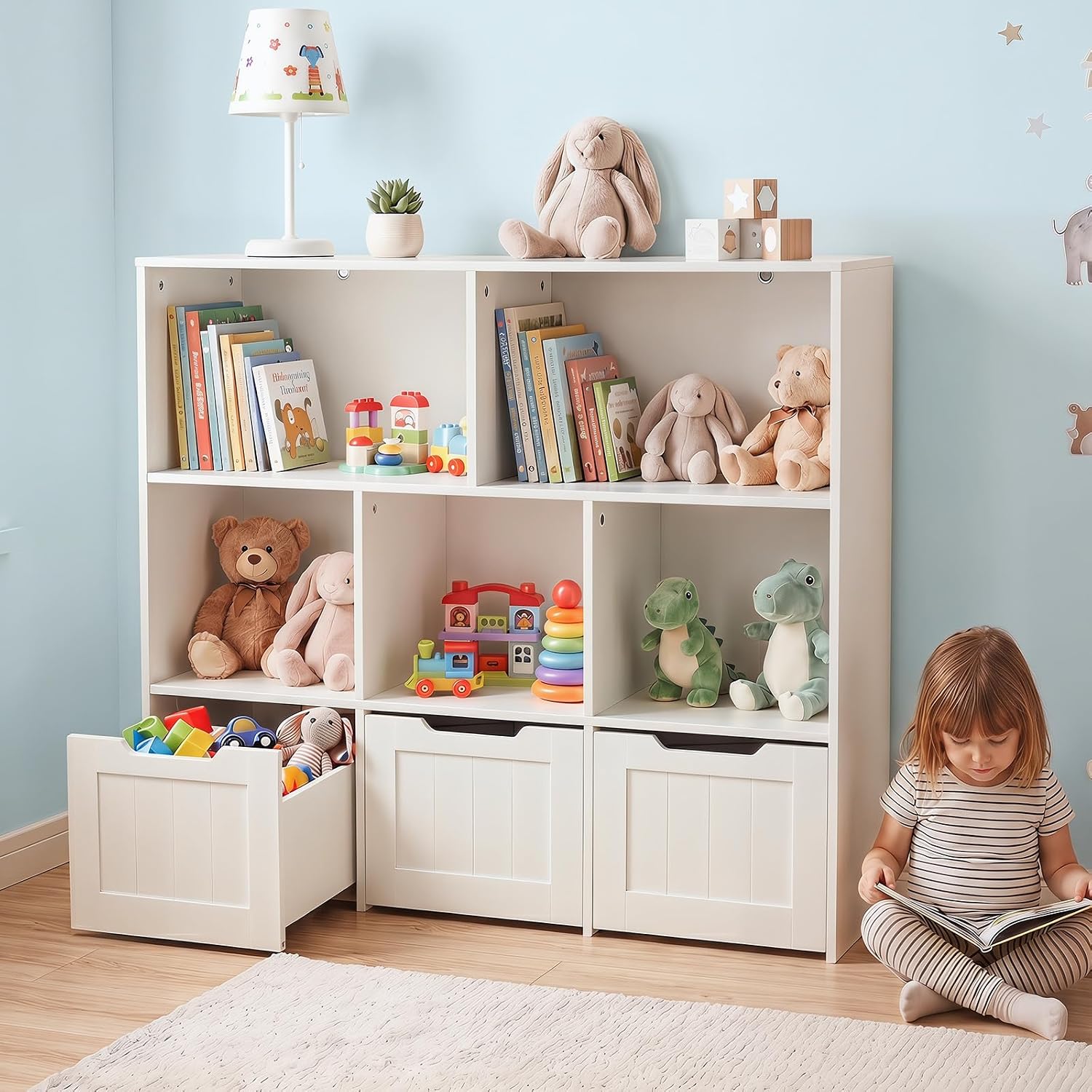 Olakids Toy Storage Organizer, Wooden Kids Bookshelf with Hidden Wheels 3 Movable Drawers 5 Open Cubbies, Large Toddler Chest for Playroom Classroom