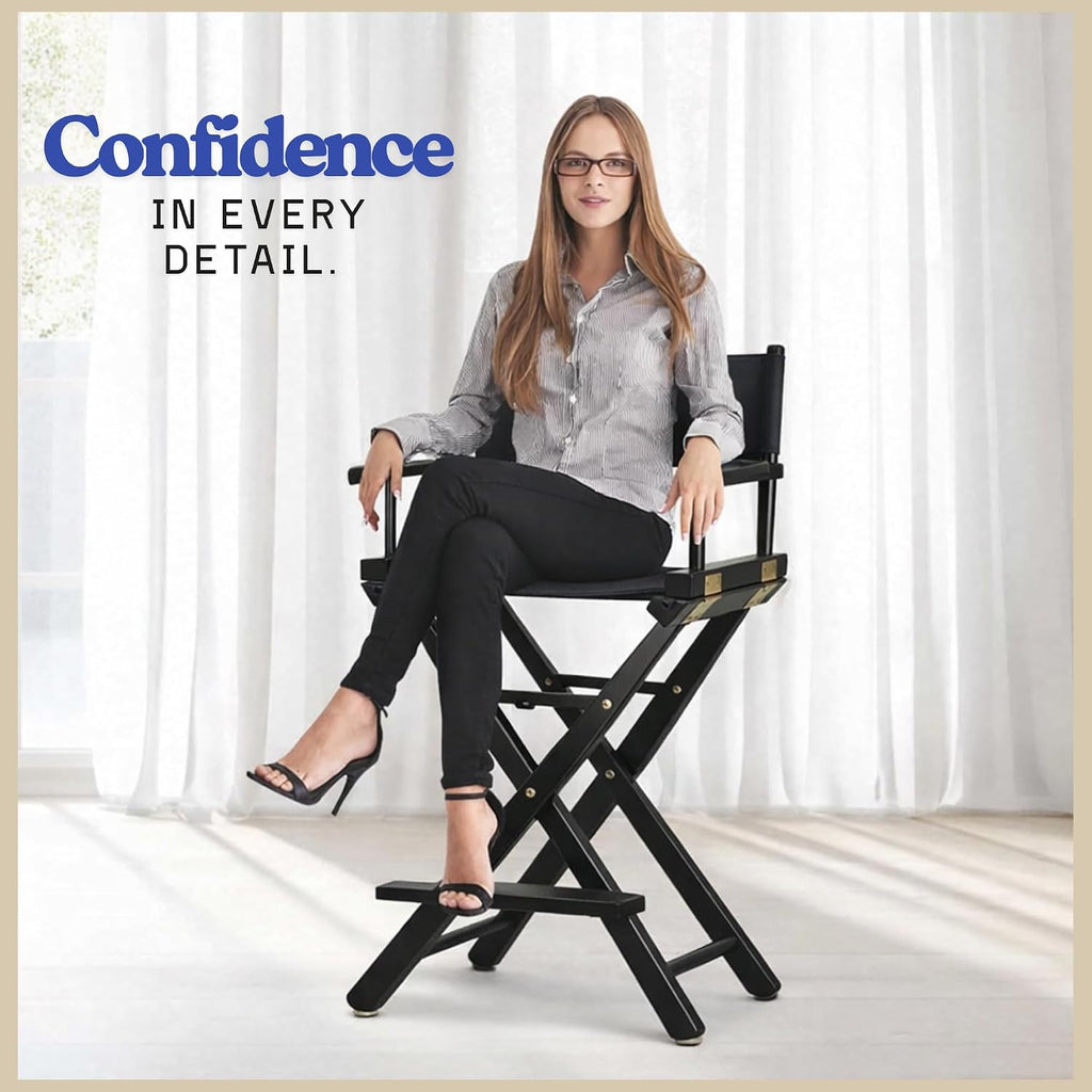 30-inch Directors Chair with Black Wood Frame and Navy Blue Canvas Seat and Backrest Folding Portable Bar Height Tall Chair for Makeup Artists, Filmmaking Events, Patio Camping, and Home Use